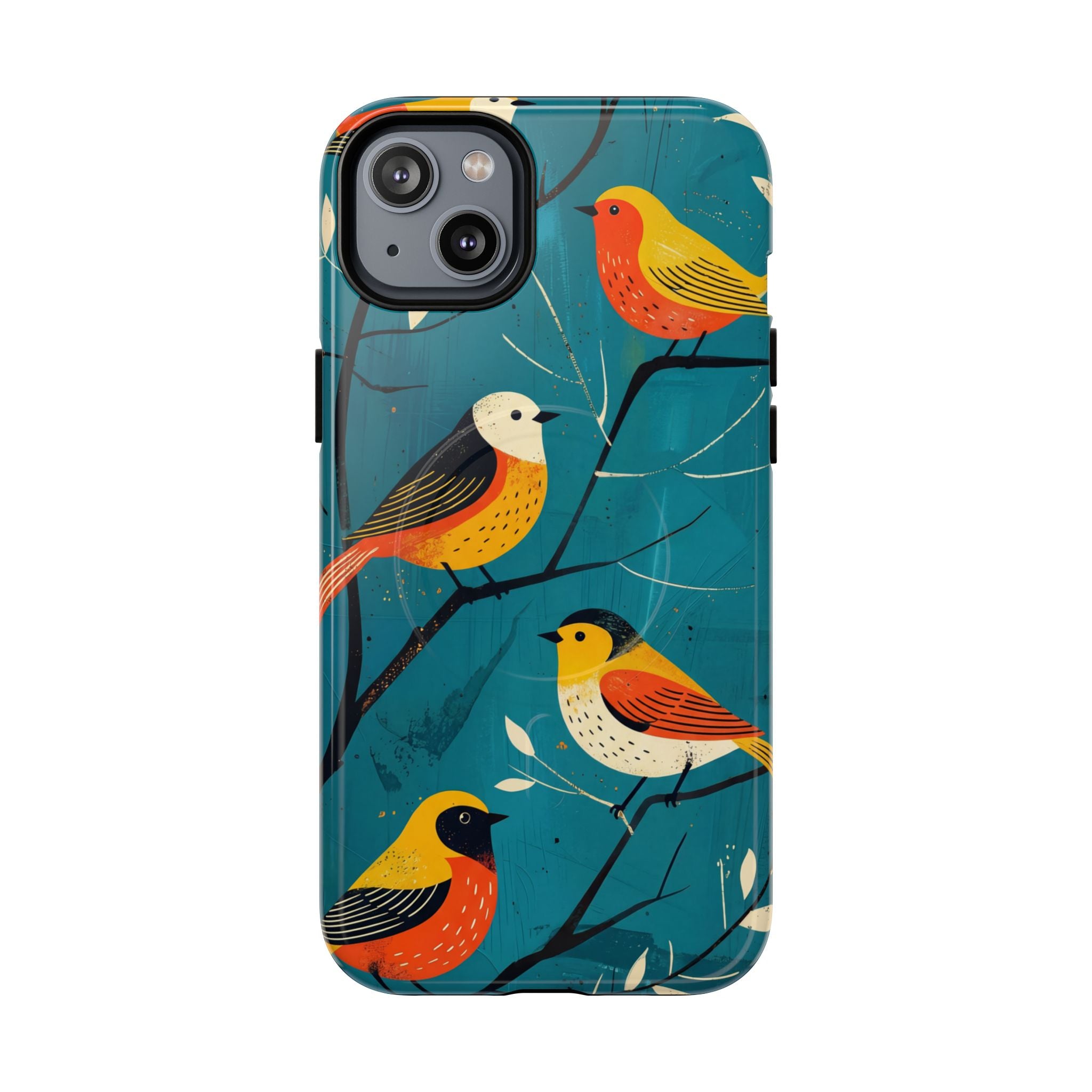 Bird Pattern Tough MagSafe iPhone Case | Colourful Songbirds on Teal Background