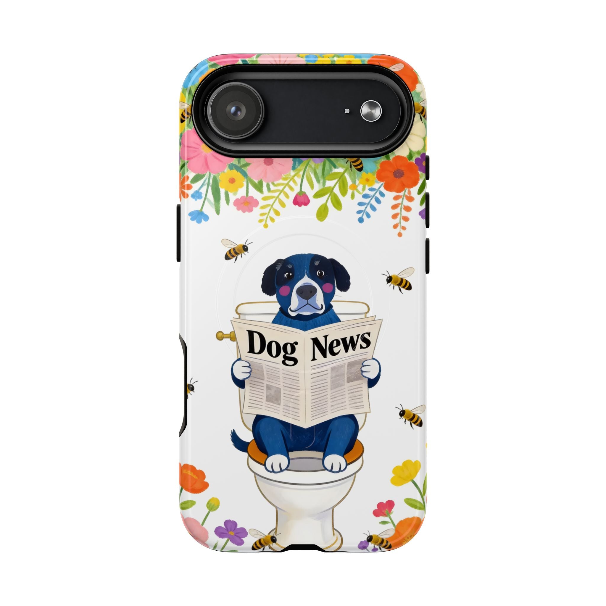 Dog News Floral MagSafe iPhone Case | Cute Dog on Toilet Pattern, Spring Floral iPhone Cover