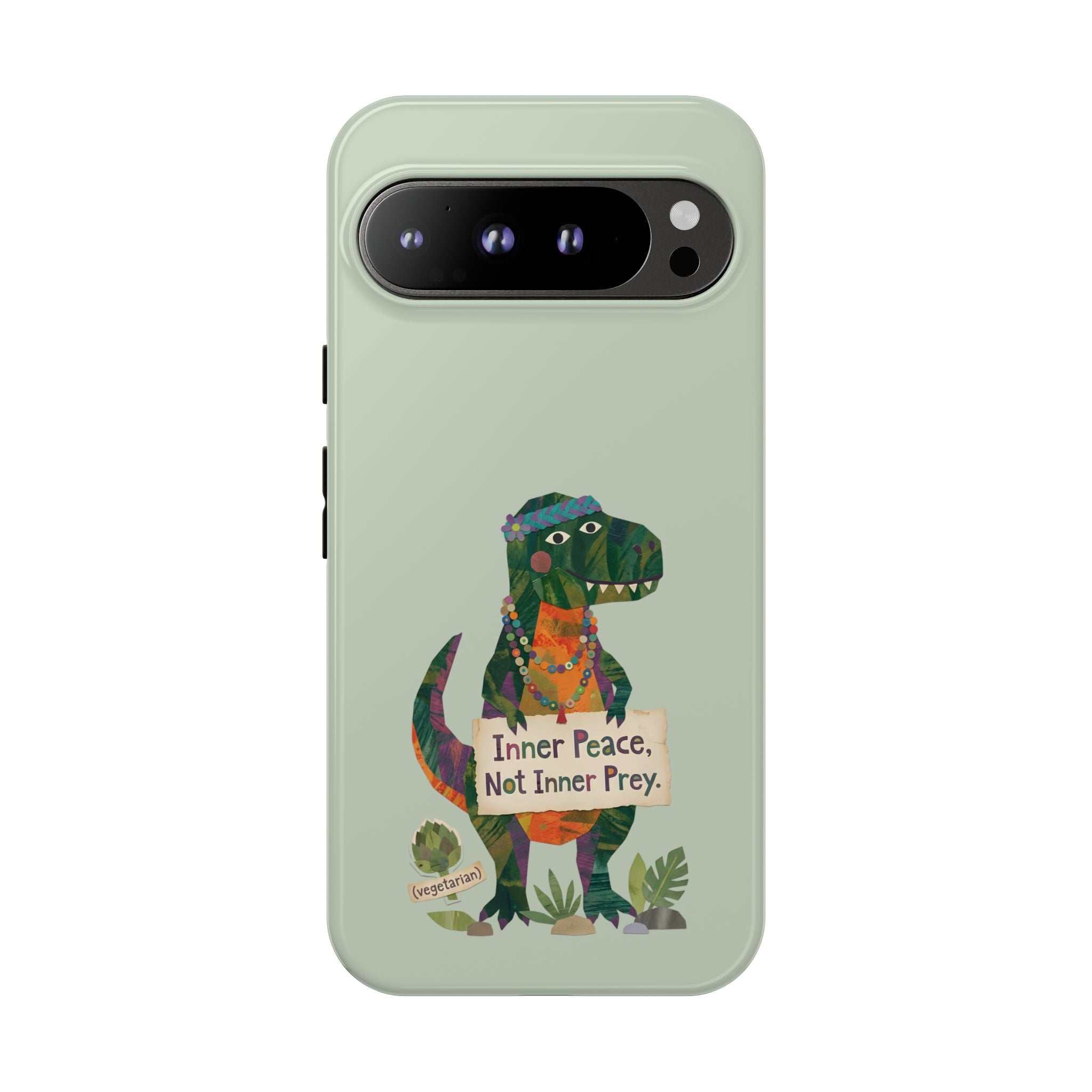 Funny T Rex Tough Google Pixel Phone Case | Sage Green Inner Peace Dinosaur Cover