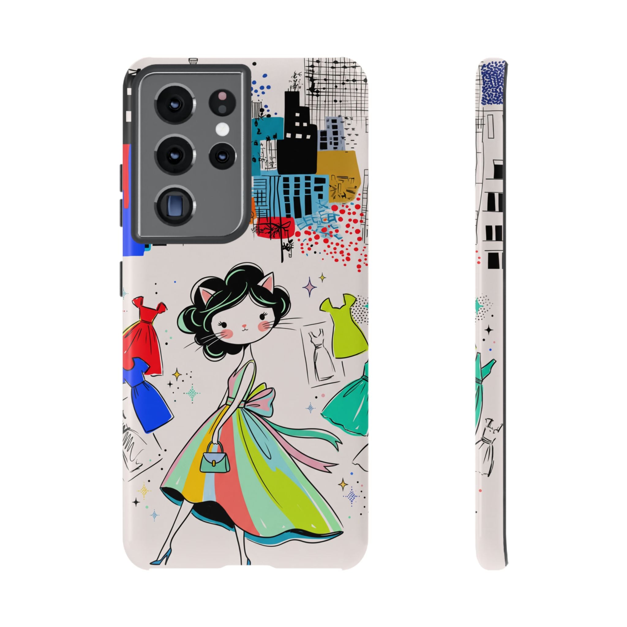 Retro Fashion Cat Girl Samsung Galaxy Phone Case | Cute Dress & City Print