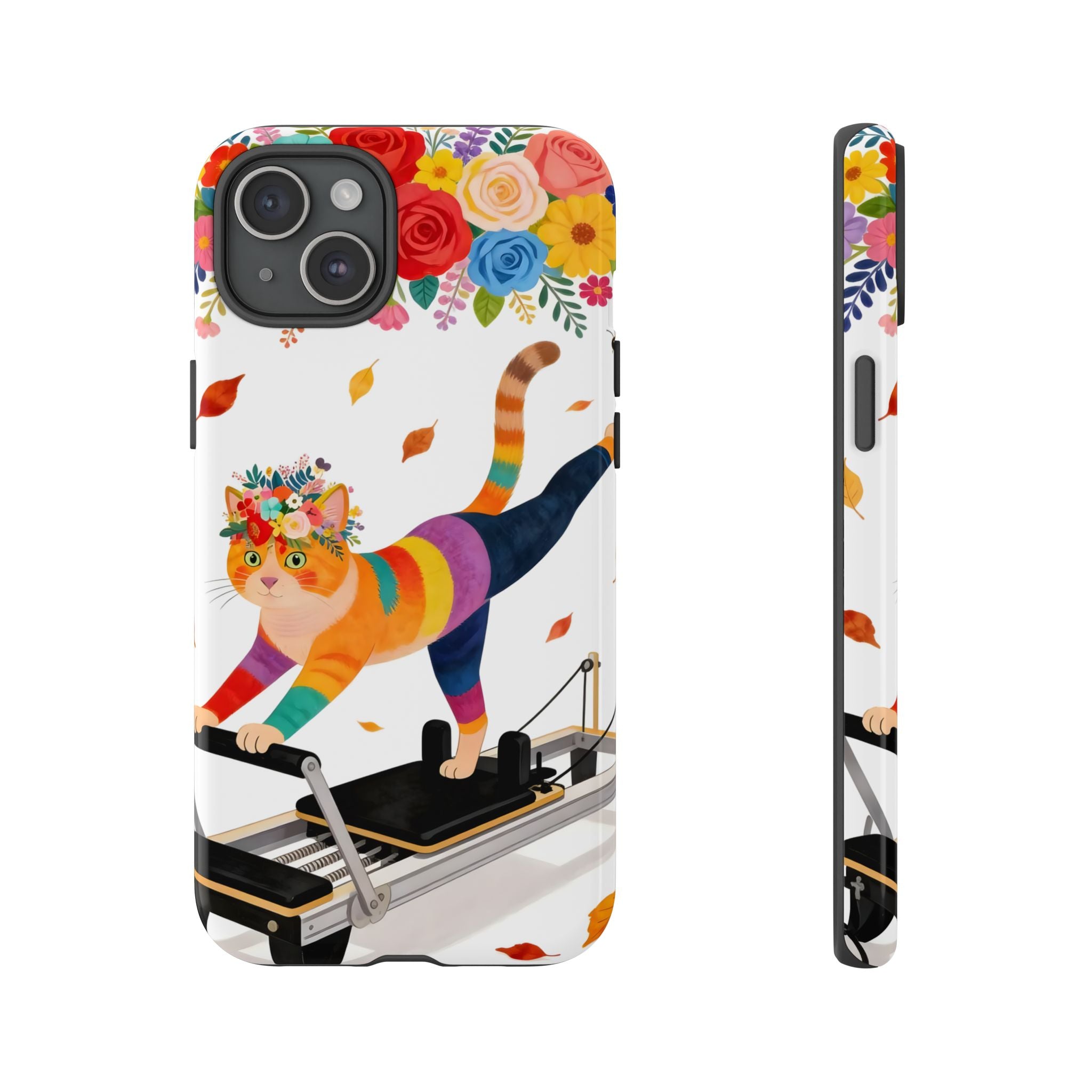Cat Pilates iPhone Case | Floral Rainbow Cat on Reformer