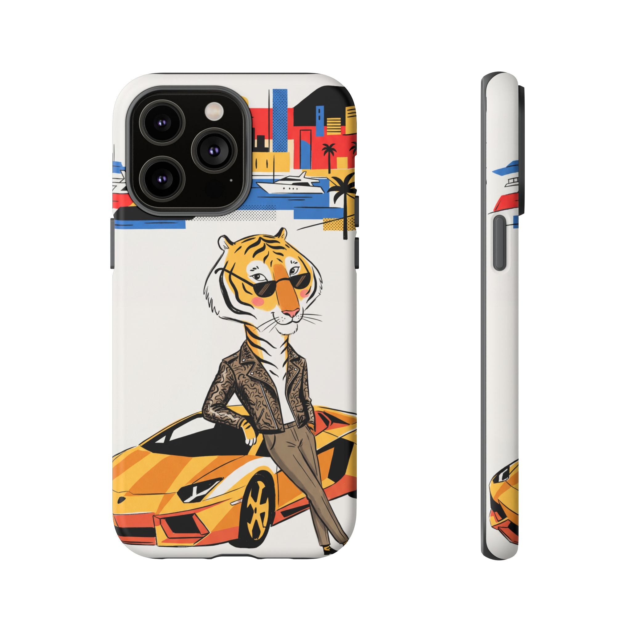 Stylish Tiger with Sports Car Illustration iPhone Case