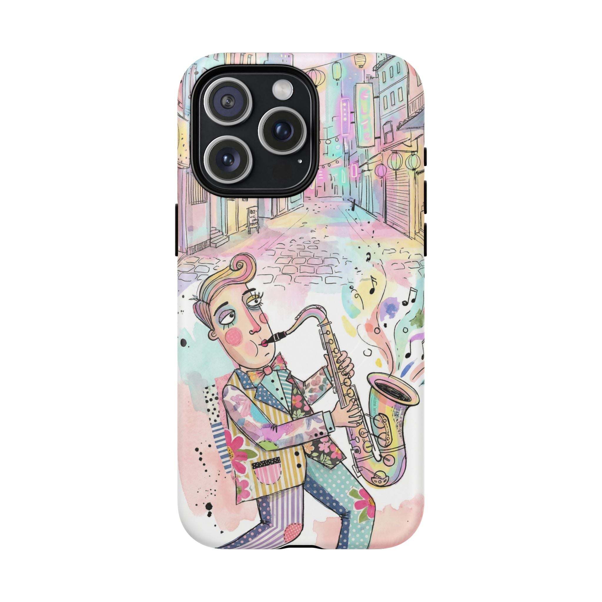 Sax Player Art MagSafe iPhone Case | Pastel Jazz Street Illustration