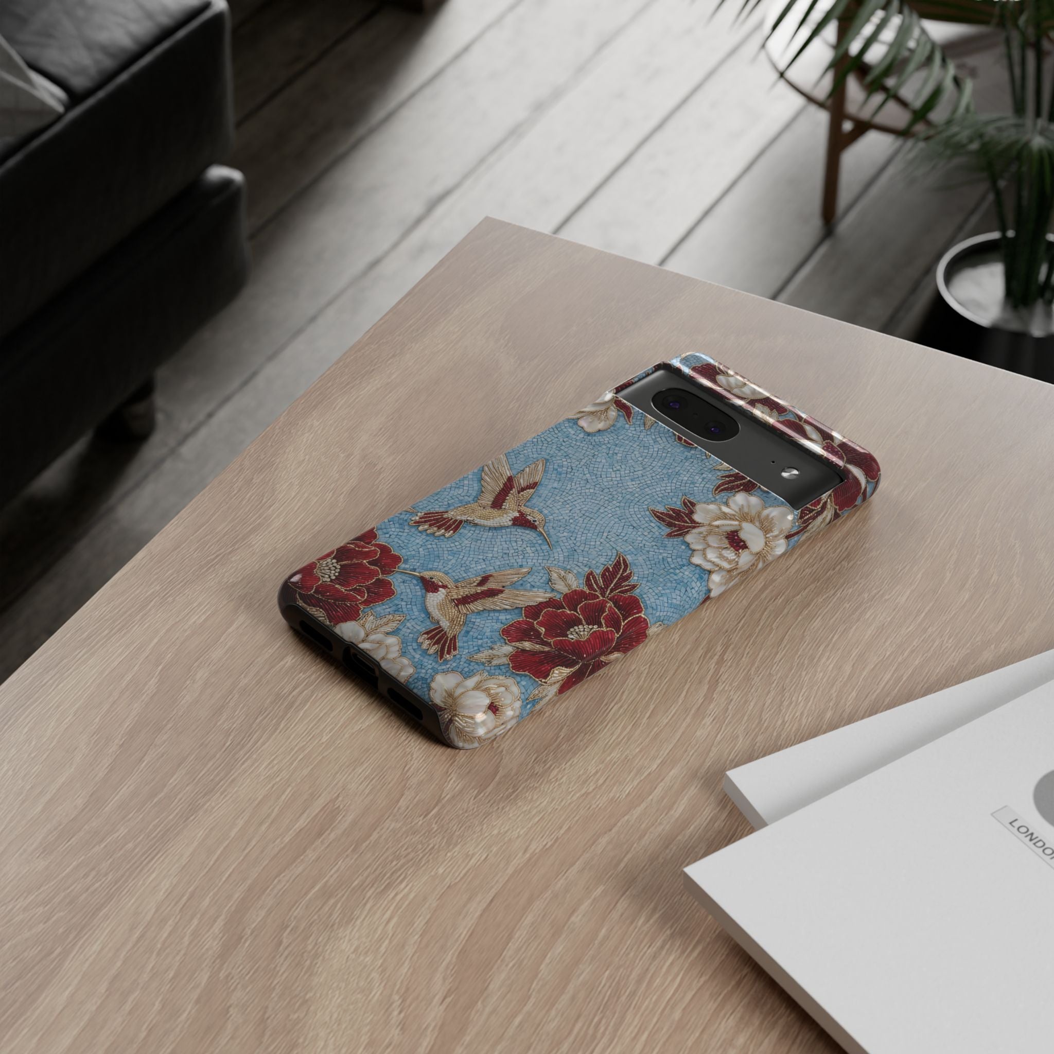 Cover Rigida per Google Pixel Colibrì Floreale | Design Botanico Vintage Blu e Borgogna