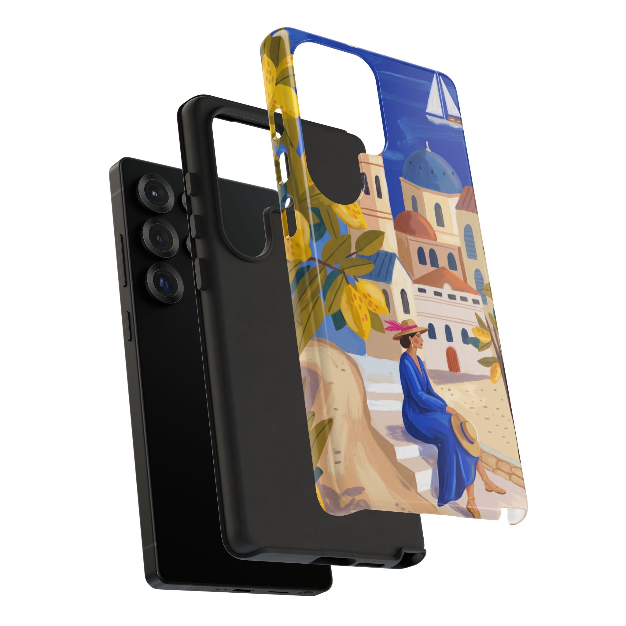 Mediterranean Village Samsung Galaxy Phone Case | Scenic Sailboat & Lemon Grove Design