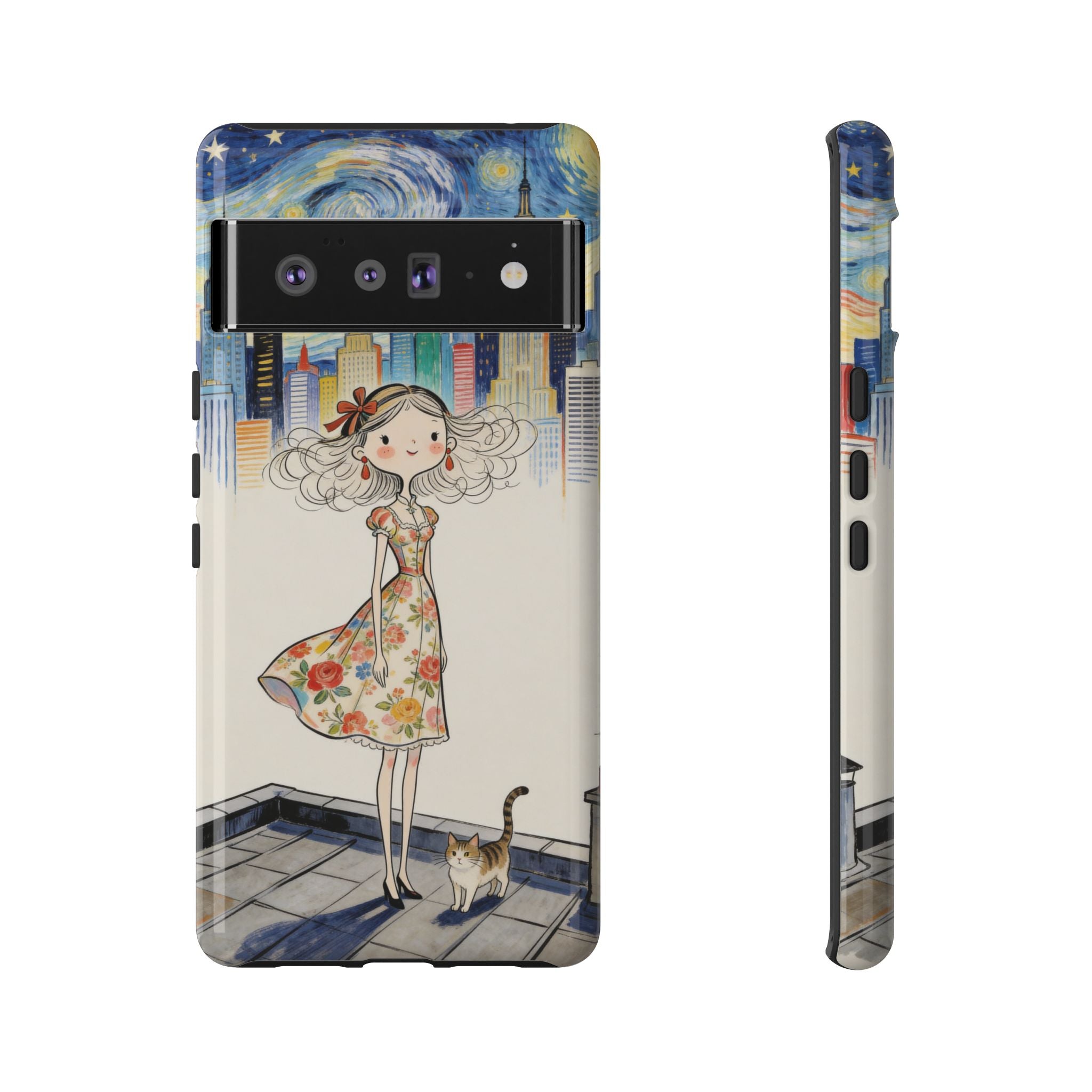 Artistic Girl Cityscape Google Pixel Phone Case | Cute Floral Dress Rooftop Design