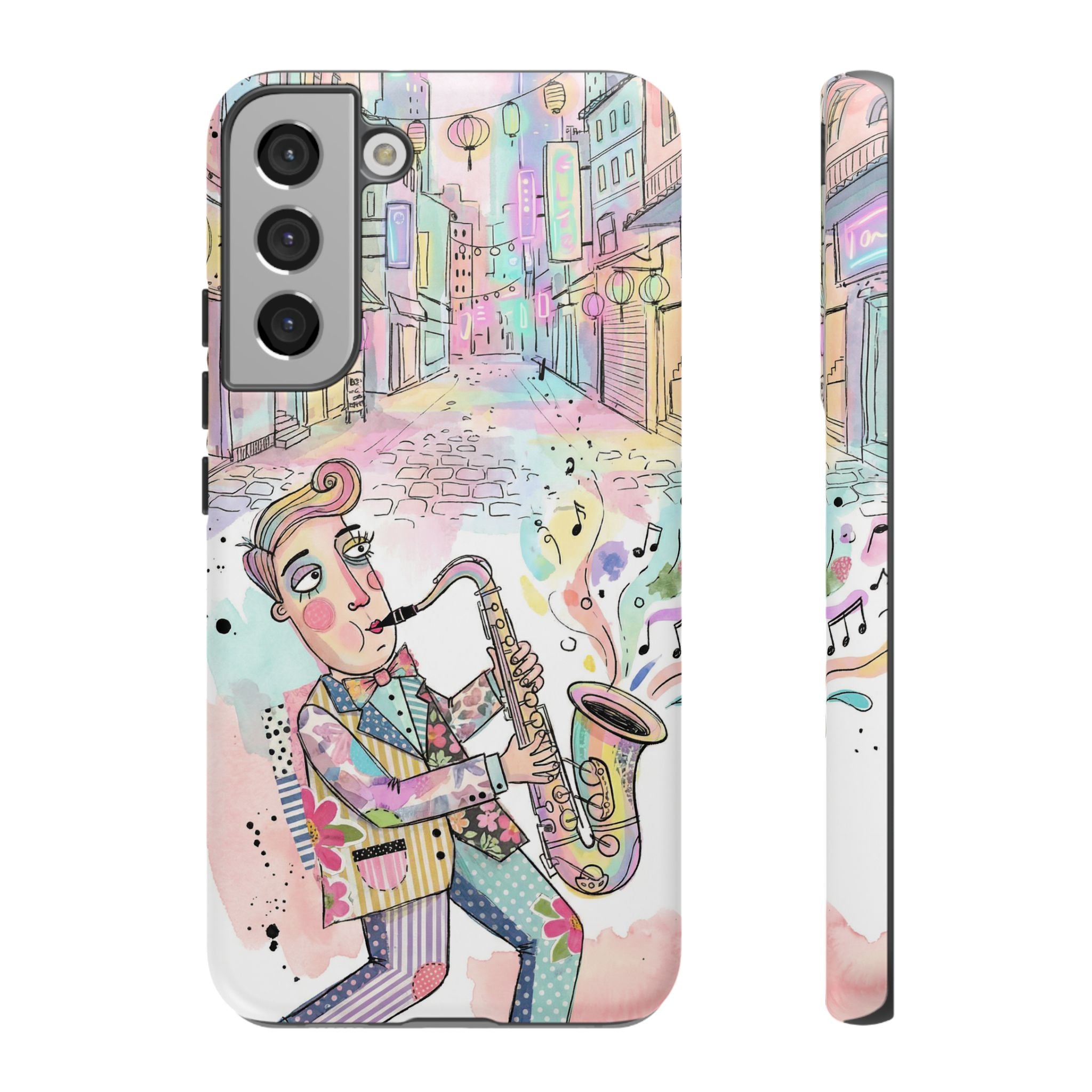 Sax Player Art Samsung Galaxy Phone Case | Pastel Jazz Street Illustration