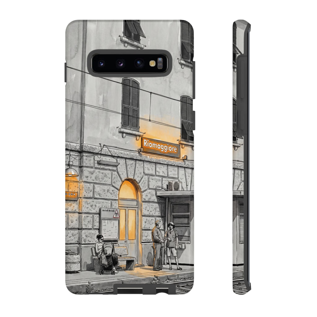 Custodia per Samsung Galaxy con stazione ferroviaria Cinque Terre | Schizzo in bianco e nero con accenti gialli caldi