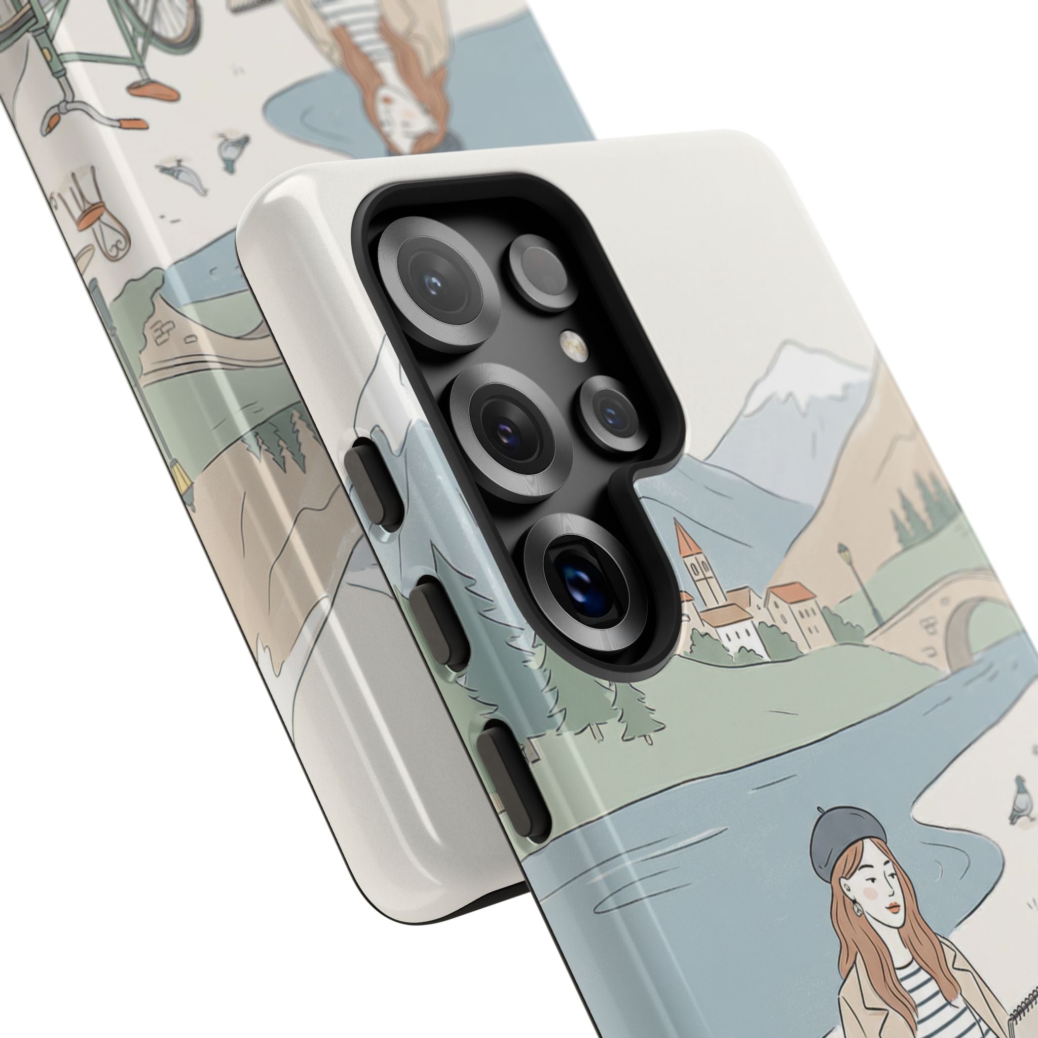 Scenic Picnic Samsung Galaxy Phone Case | Vintage Bicycle & Mountain Illustration