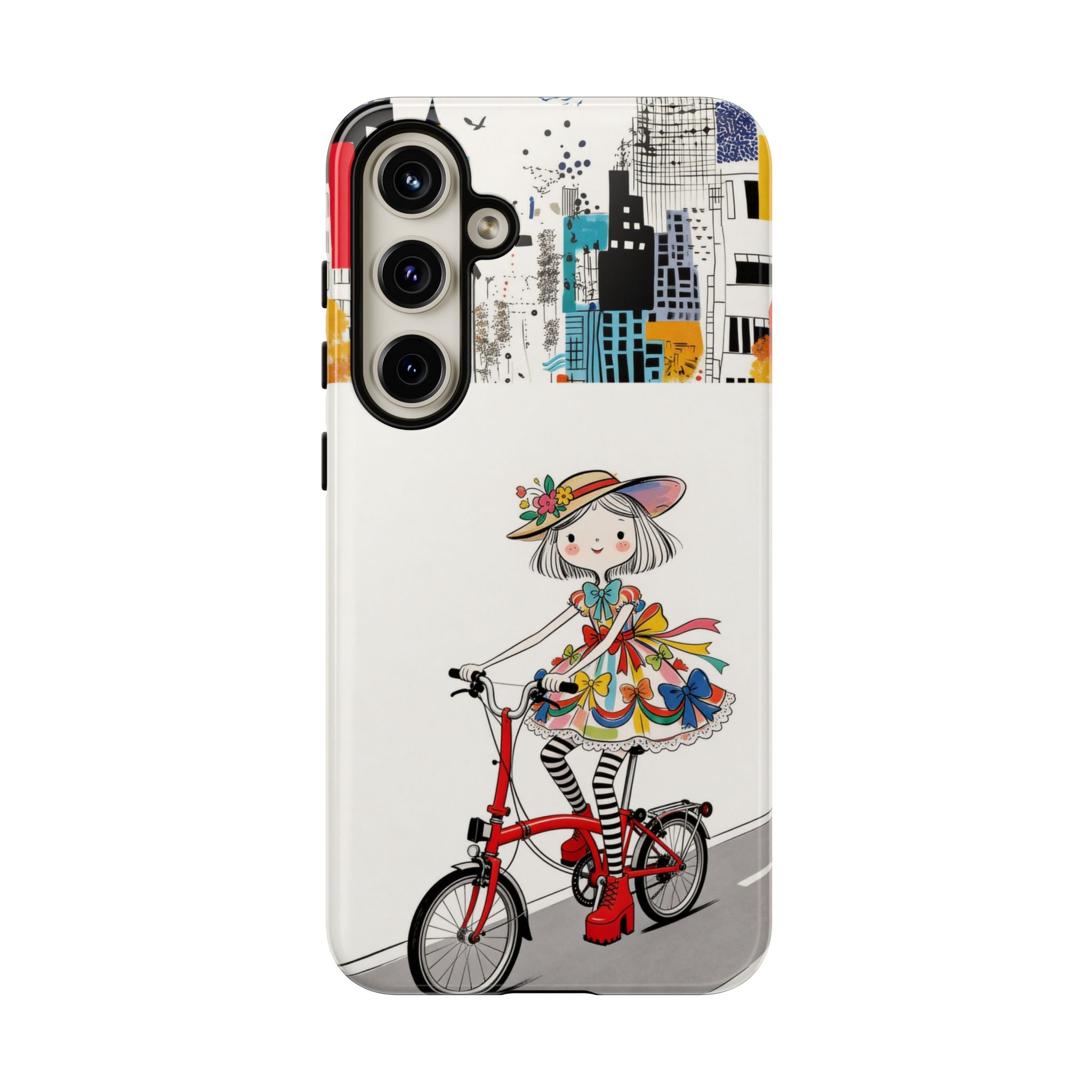 Whimsical Girl on Brompton Bicycle Urban Illustration Samsung Galaxy Phone Case