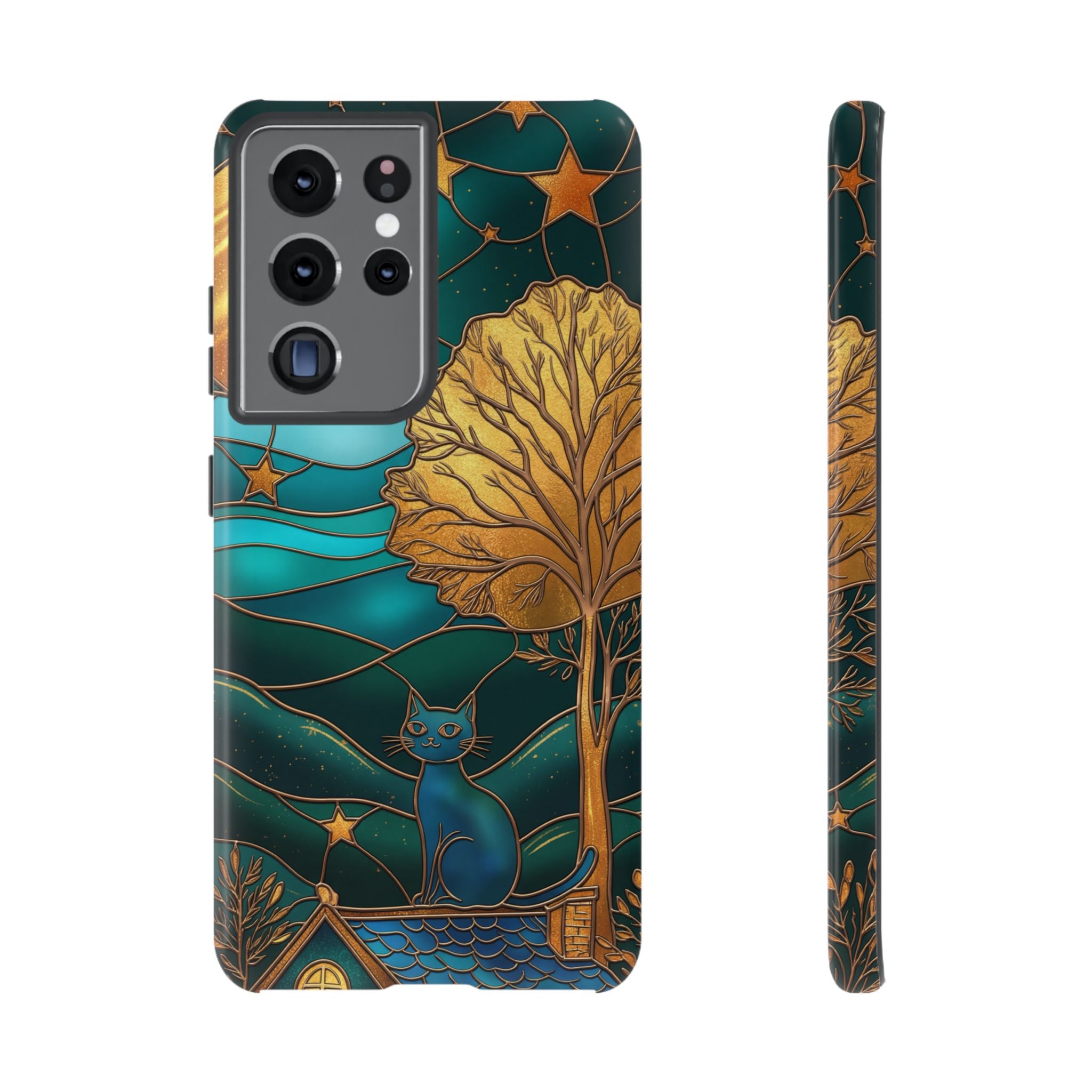 Stained Glass Cat Tough Samsung Galaxy Case | Gold Tree & Starry Night Design
