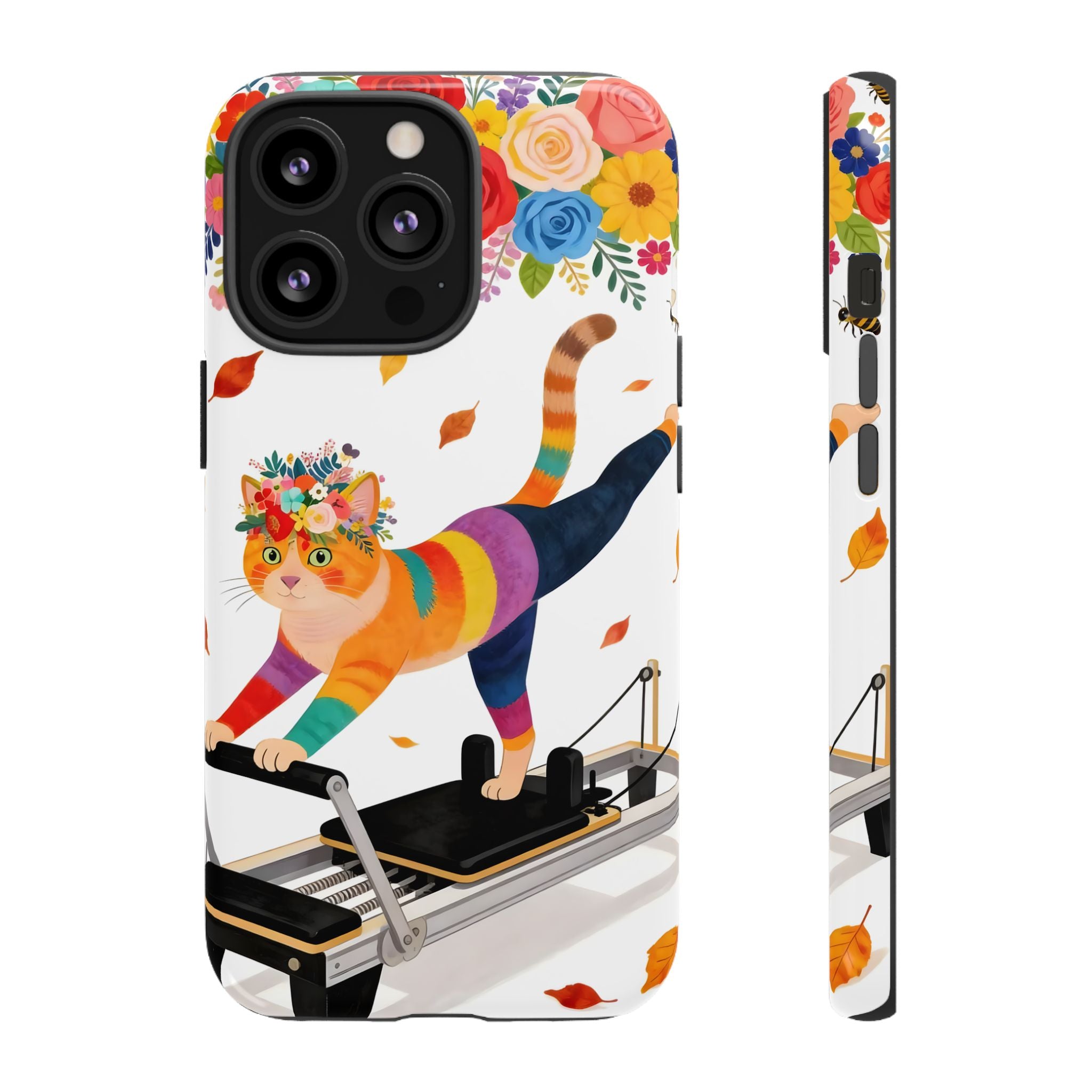 Cat Pilates iPhone Case | Floral Rainbow Cat on Reformer