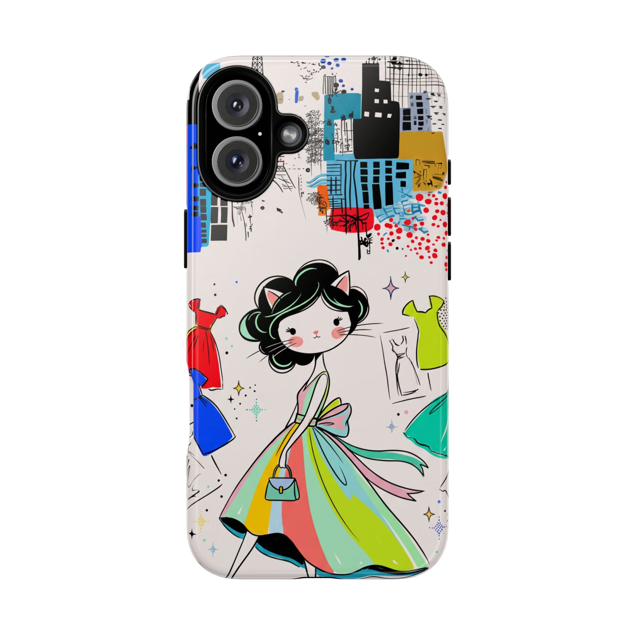 Retro Fashion Cat Girl iPhone Case | Cute Dress & City Print