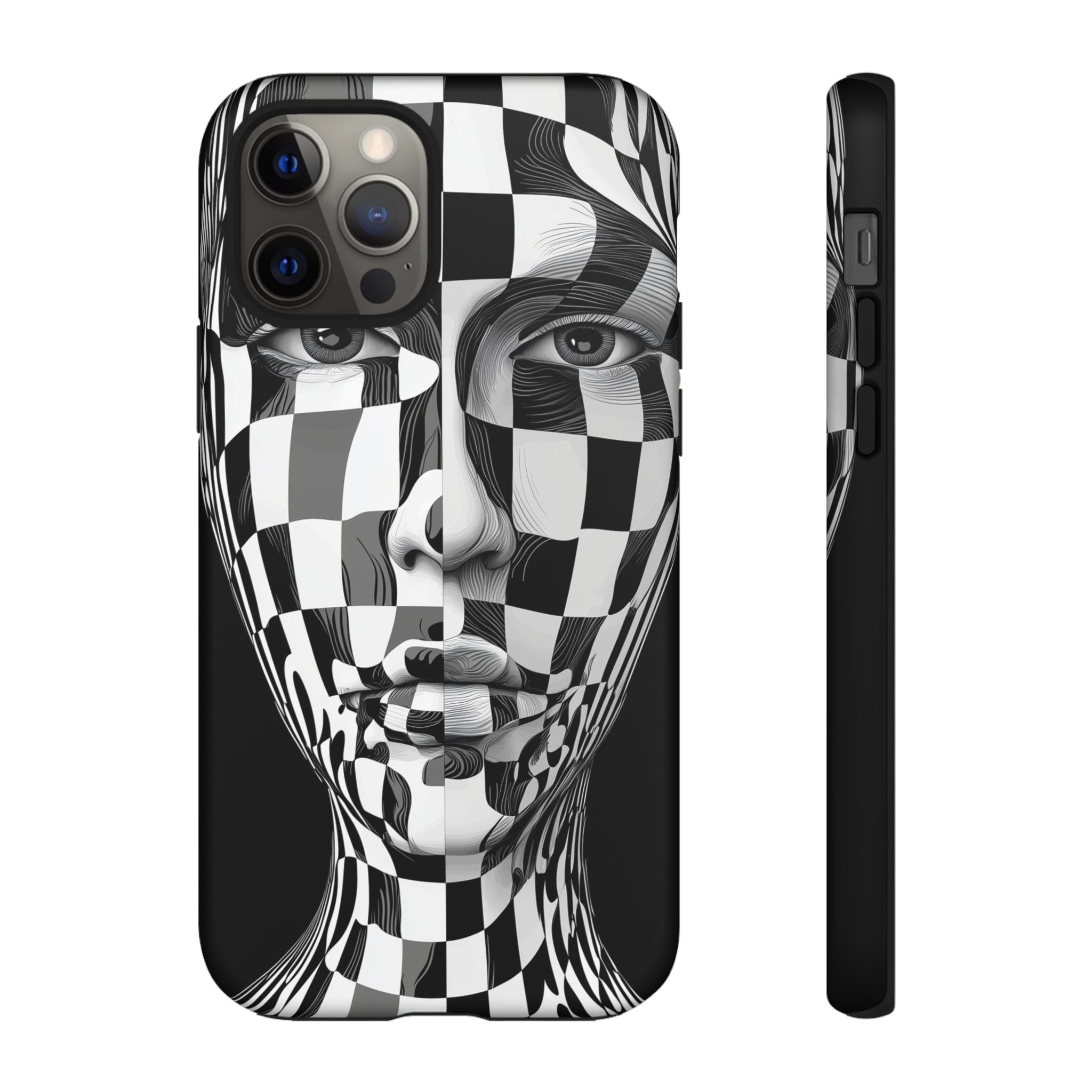 Checkerboard Face Tough iPhone Case — Black & White Surreal Art Protective Cover