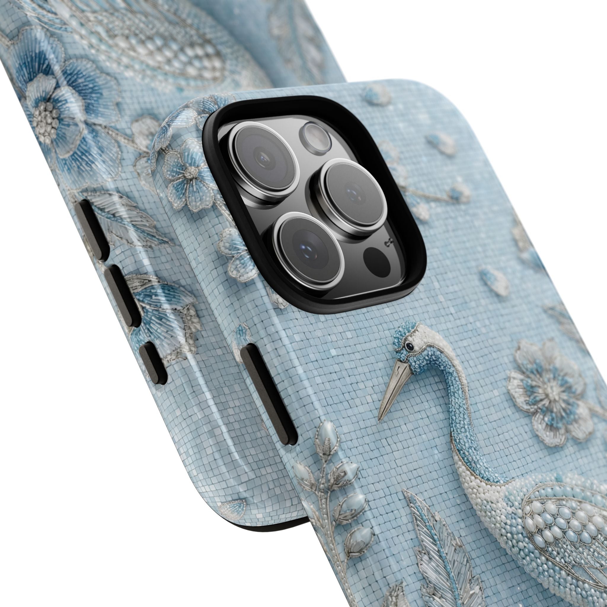 Blue Crane Floral iPhone Case | Vintage Embossed Bird Design