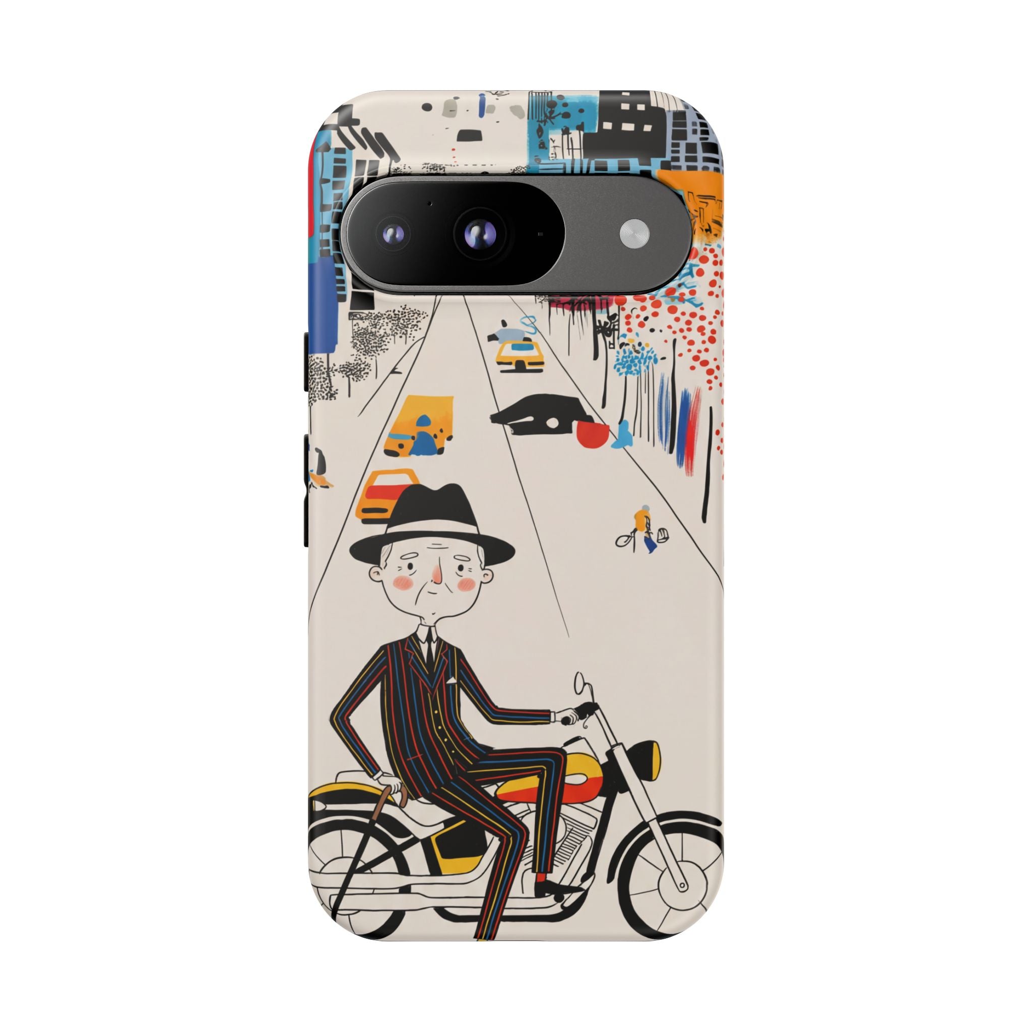 Vintage Grandpa Rider Motorcycle Google Pixel Phone Case | Illustrated Cityscape