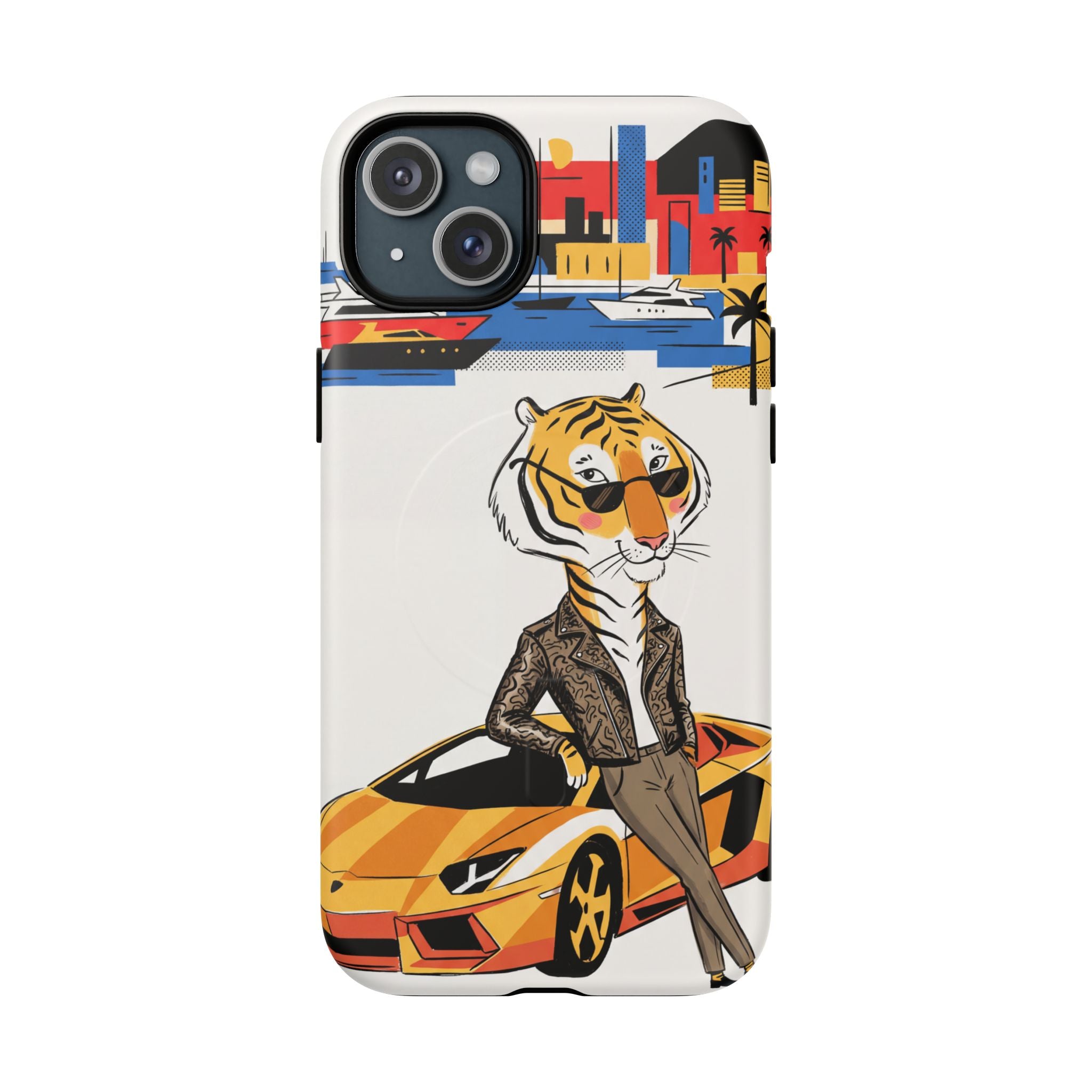 Stylish Tiger with Sports Car Illustration MagSafe iPhone Case