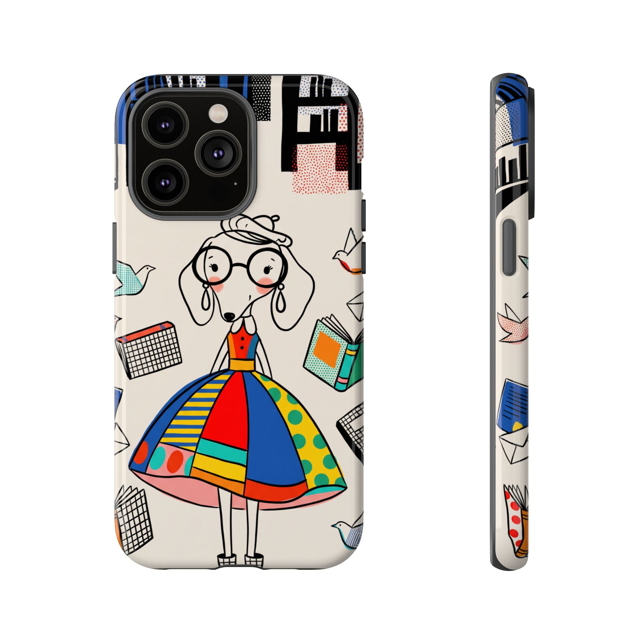 Cute Dachshund Dog Illustration iPhone Case | Colorful Whimsical Book & Bird Design