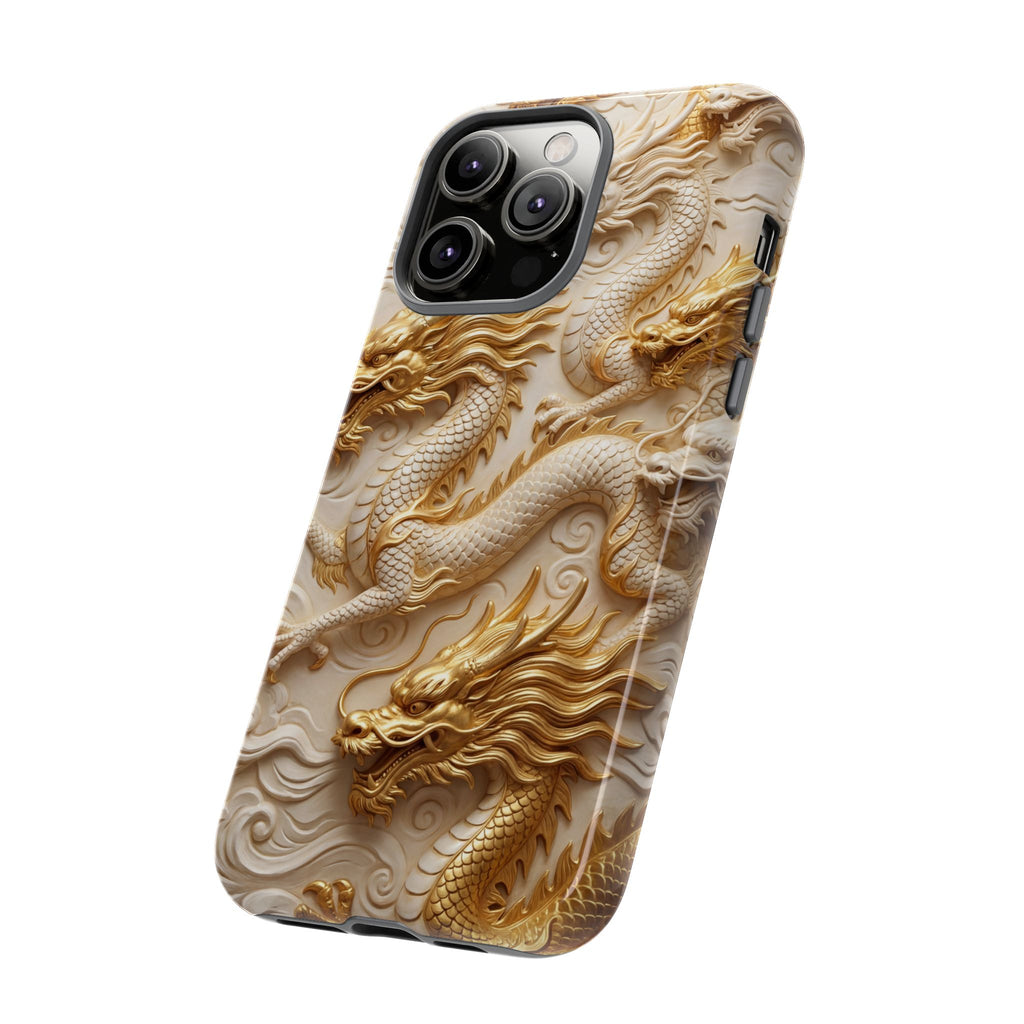 Custodia per iPhone con motivo a drago in rilievo — Custodia protettiva con drago intagliato in oro