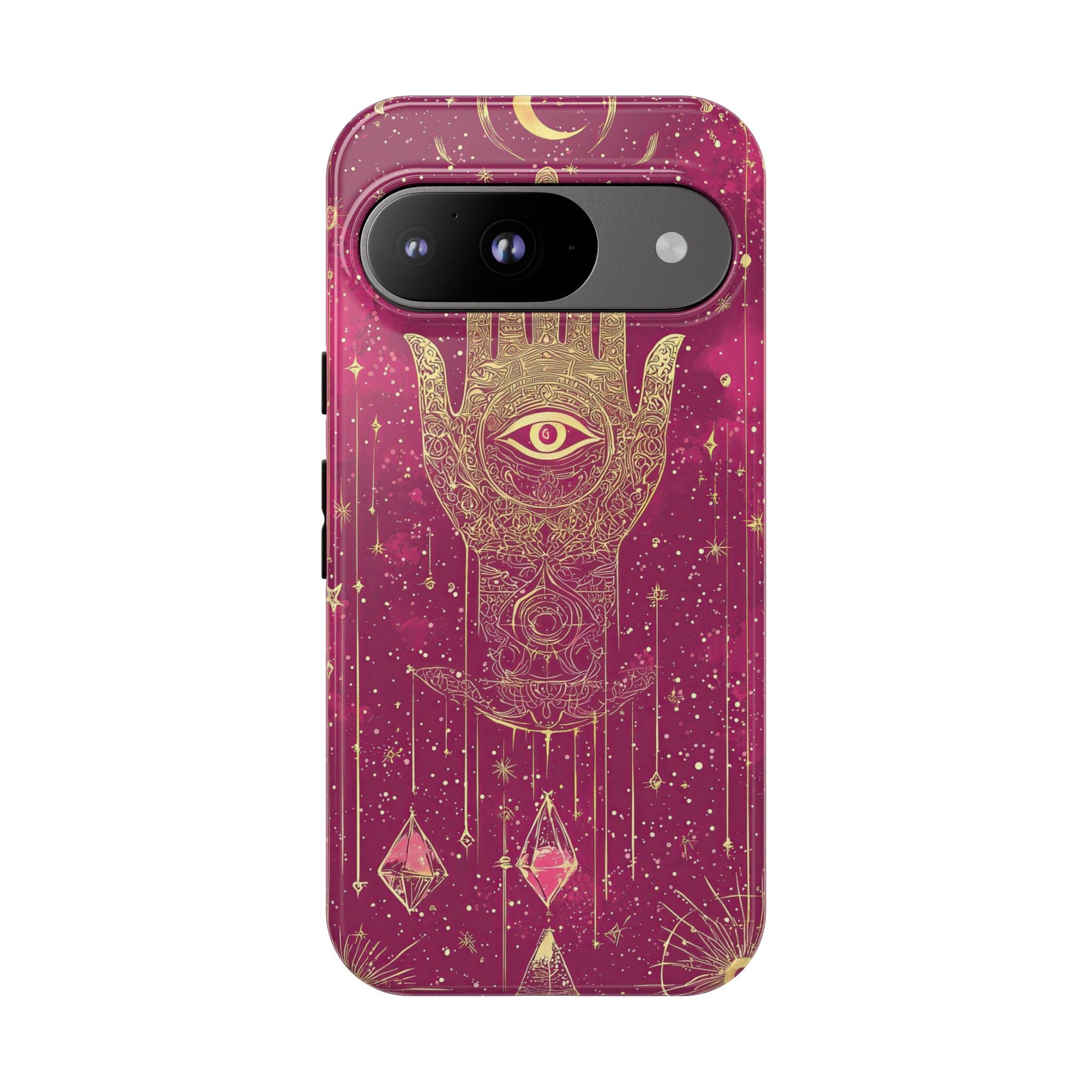 Mystic Hamsa Google Pixel Case | Gold Palm & All-Seeing Eye on Magenta Galaxy