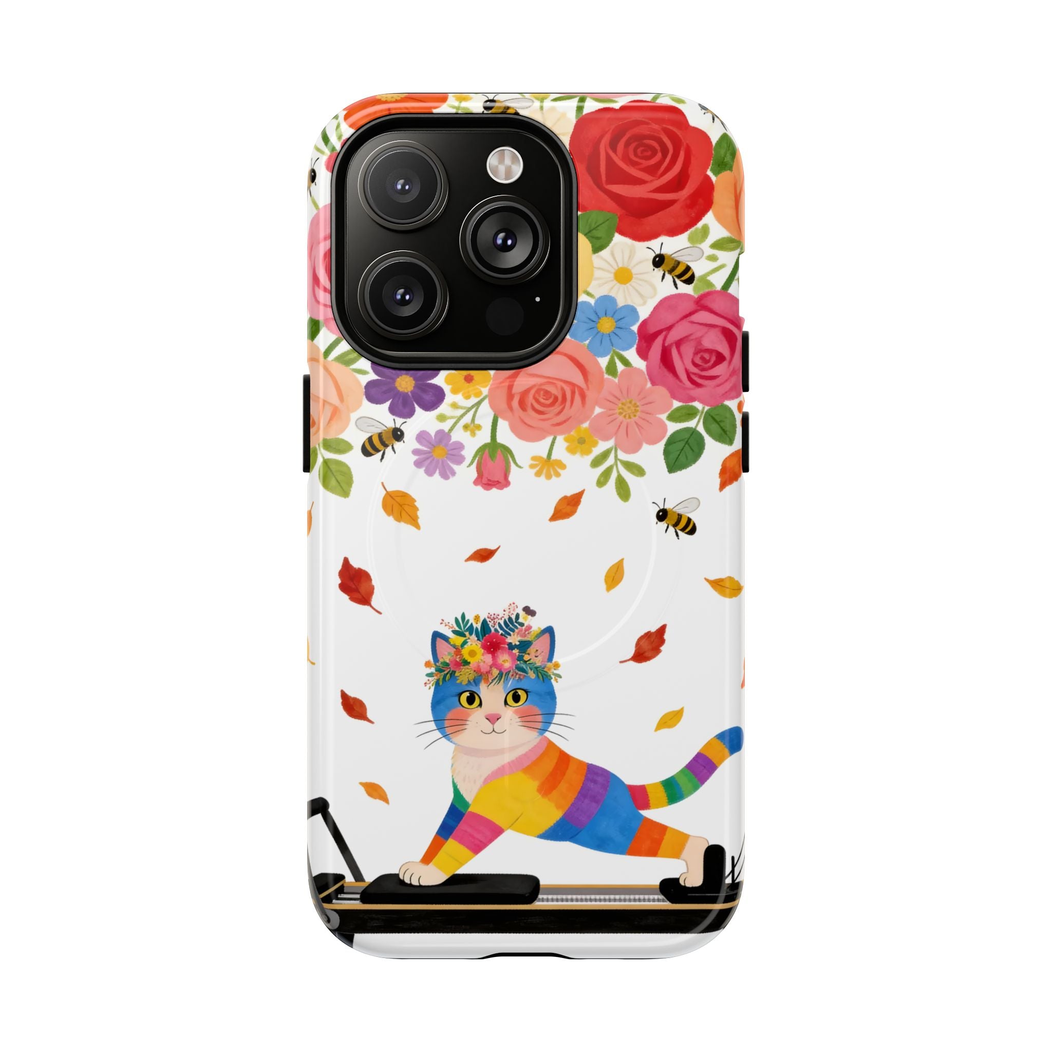 Floral Rainbow Cat Tough MagSafe iPhone Case — Colorful Pilates Cat Design
