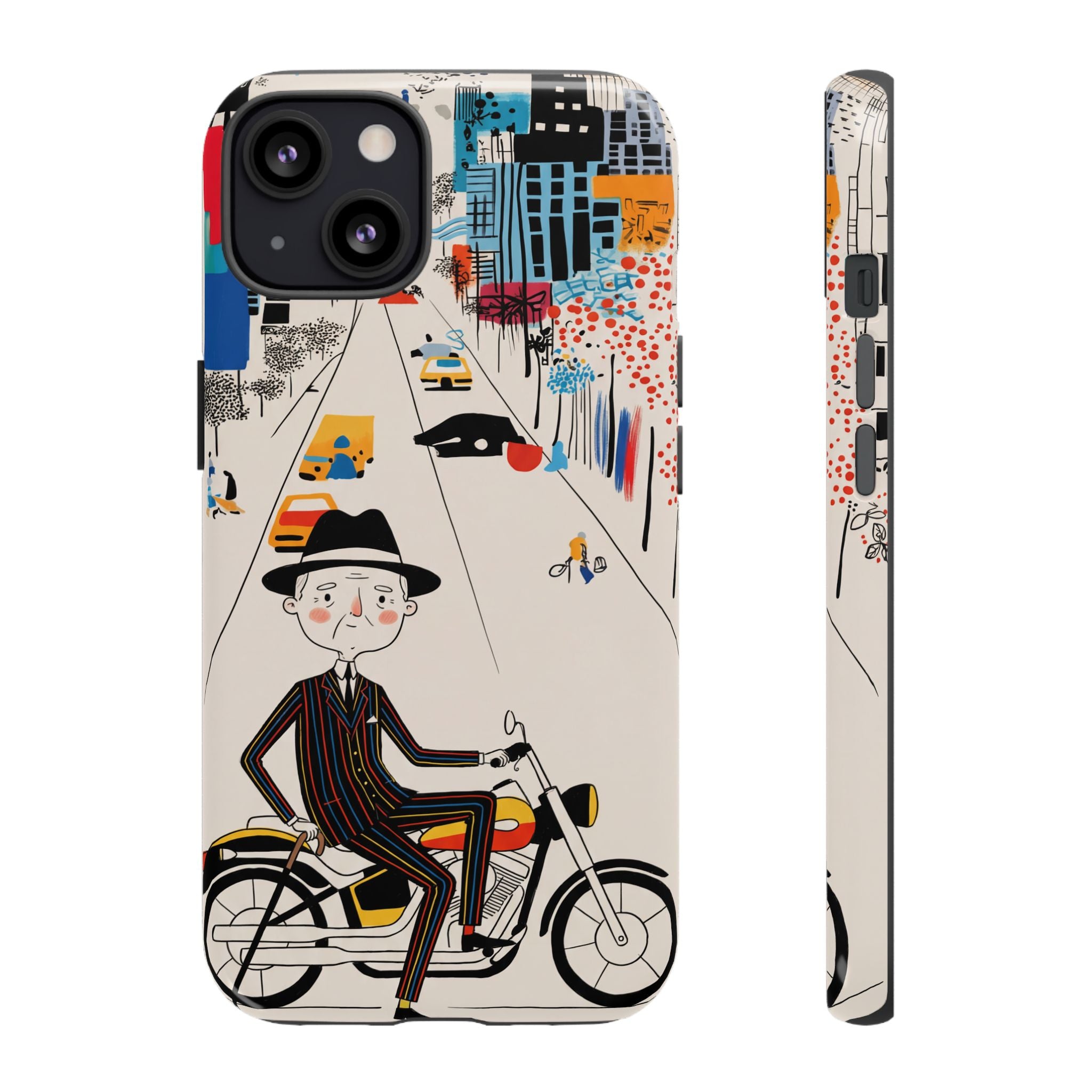 Vintage Grandpa Rider Motorcycle iPhone Case | Illustrated Cityscape