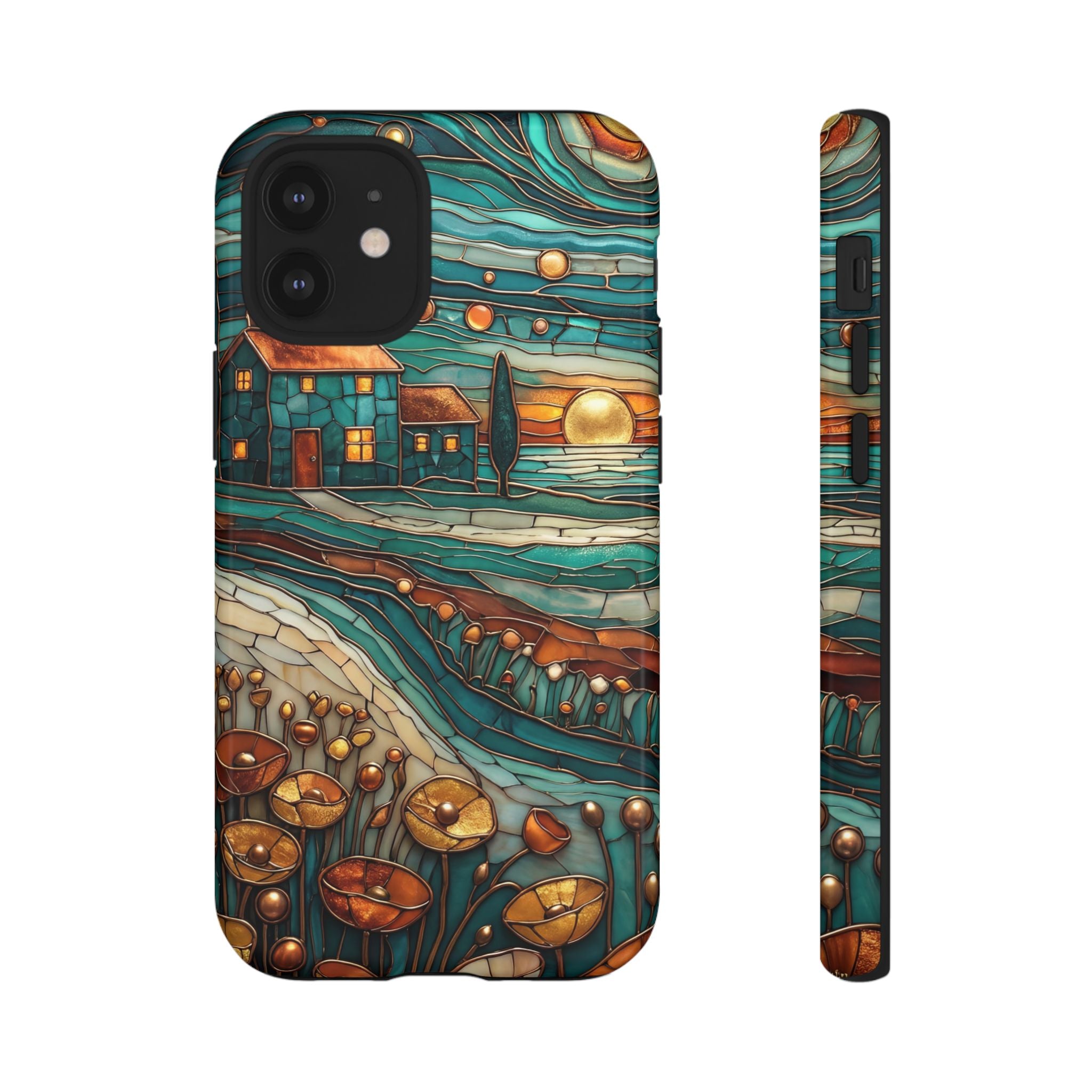 Artistic Sunset Cottage iPhone Case | Whimsical Floral Landscape Protective Cover