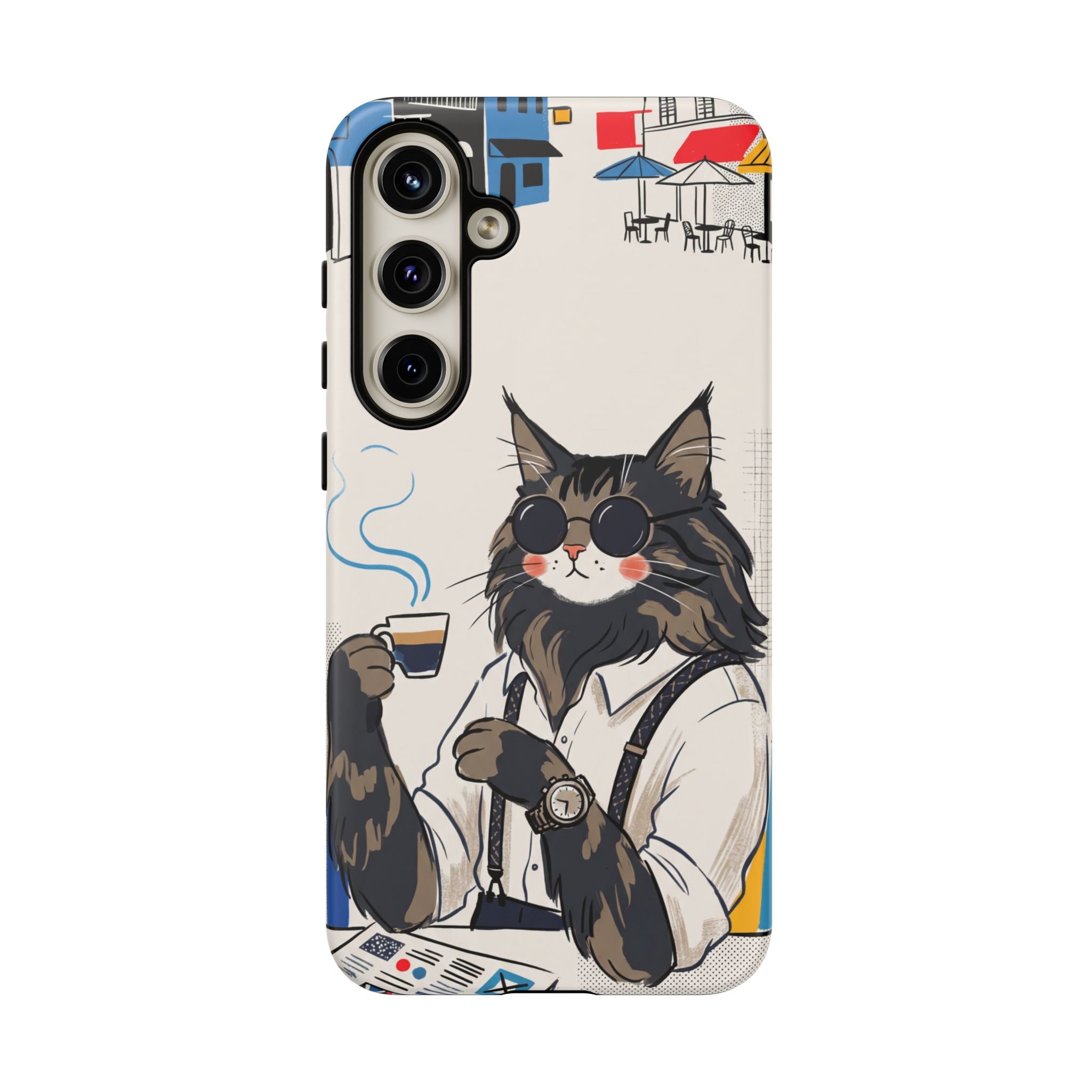 Cat Barista Samsung Galaxy Phone Case | Cool Cat in Sunglasses Coffee Shop Design