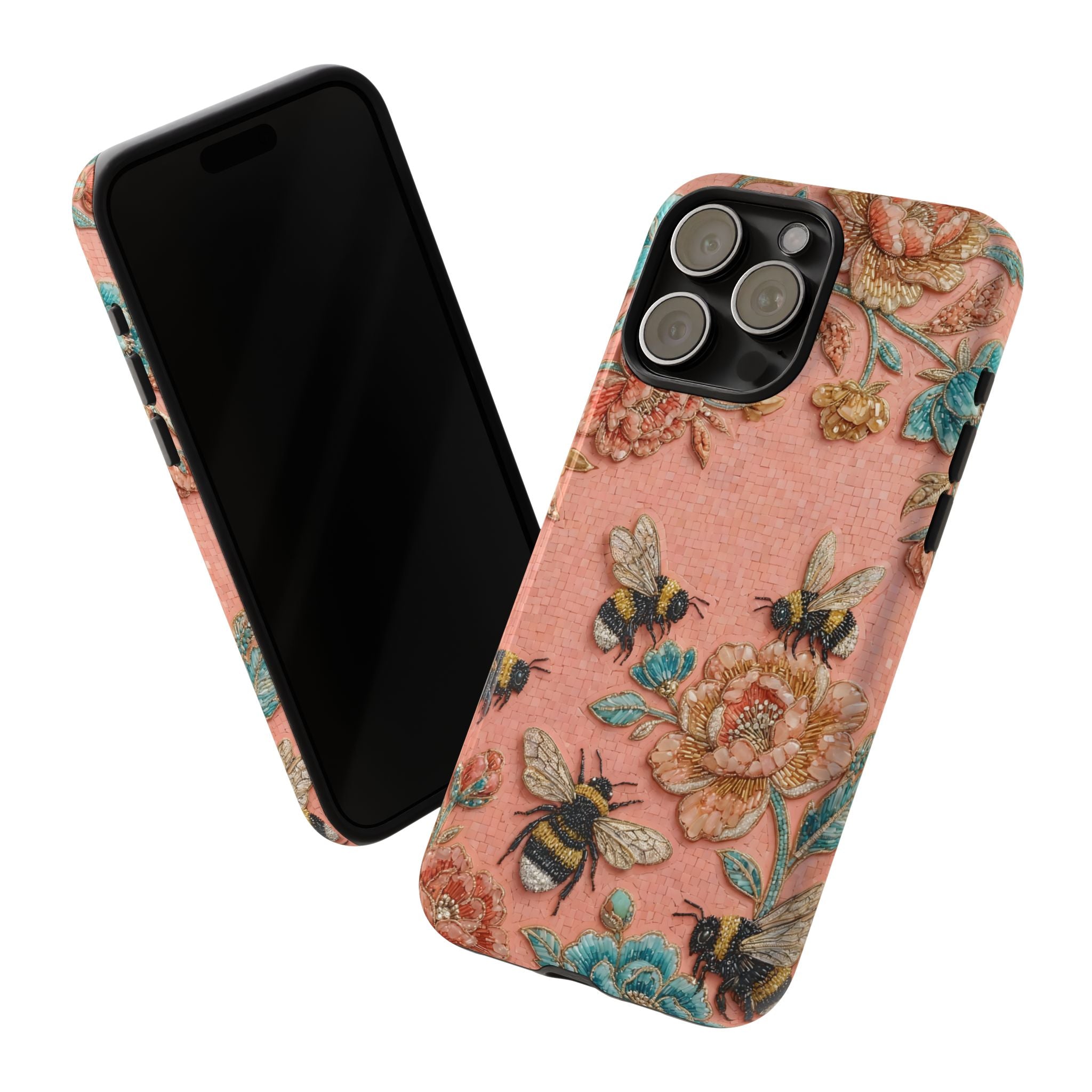 Floral Bee Tough iPhone Case | Vintage Pink Garden Protective Cover