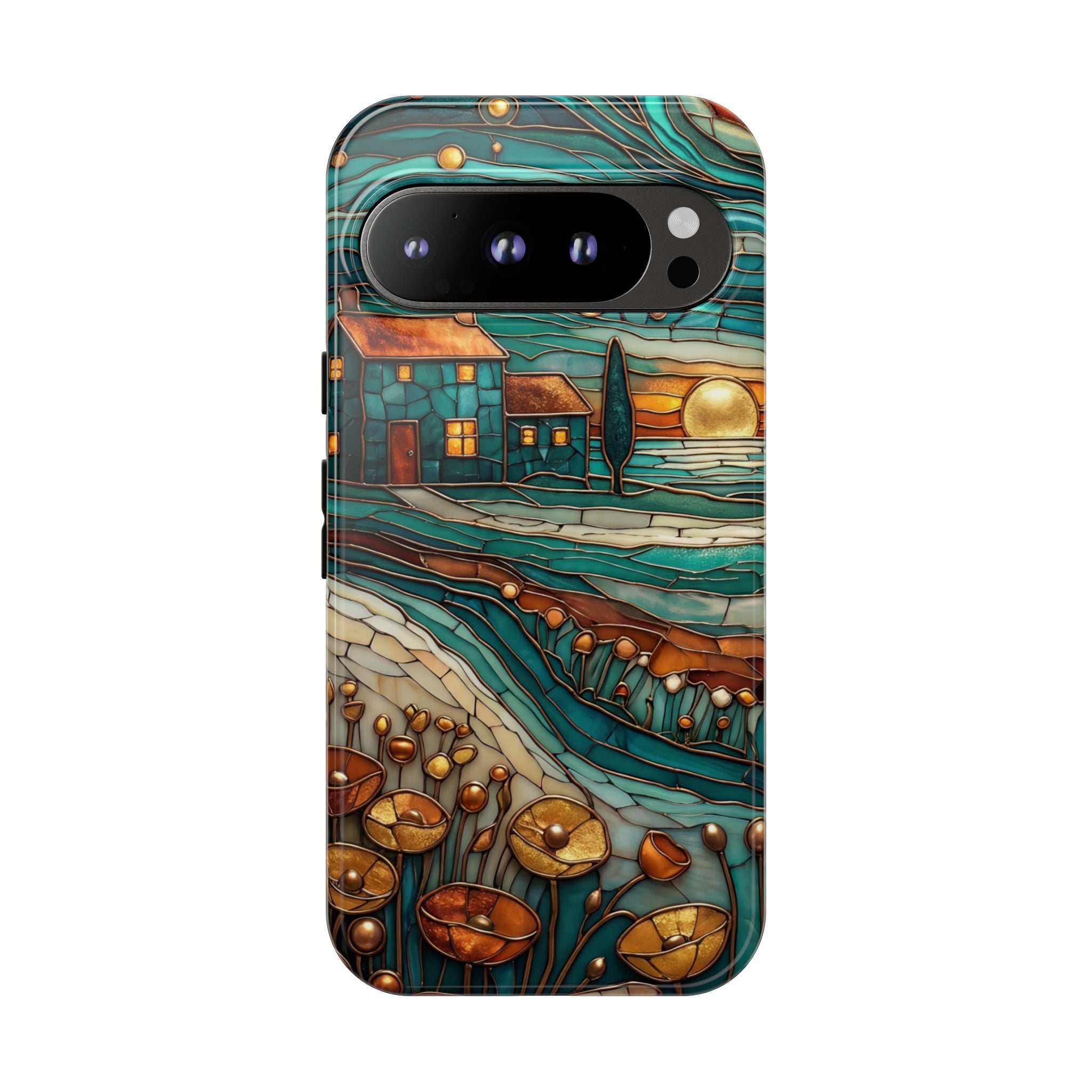 Artistic Sunset Cottage Google Pixel Case | Whimsical Floral Landscape Protective Cover