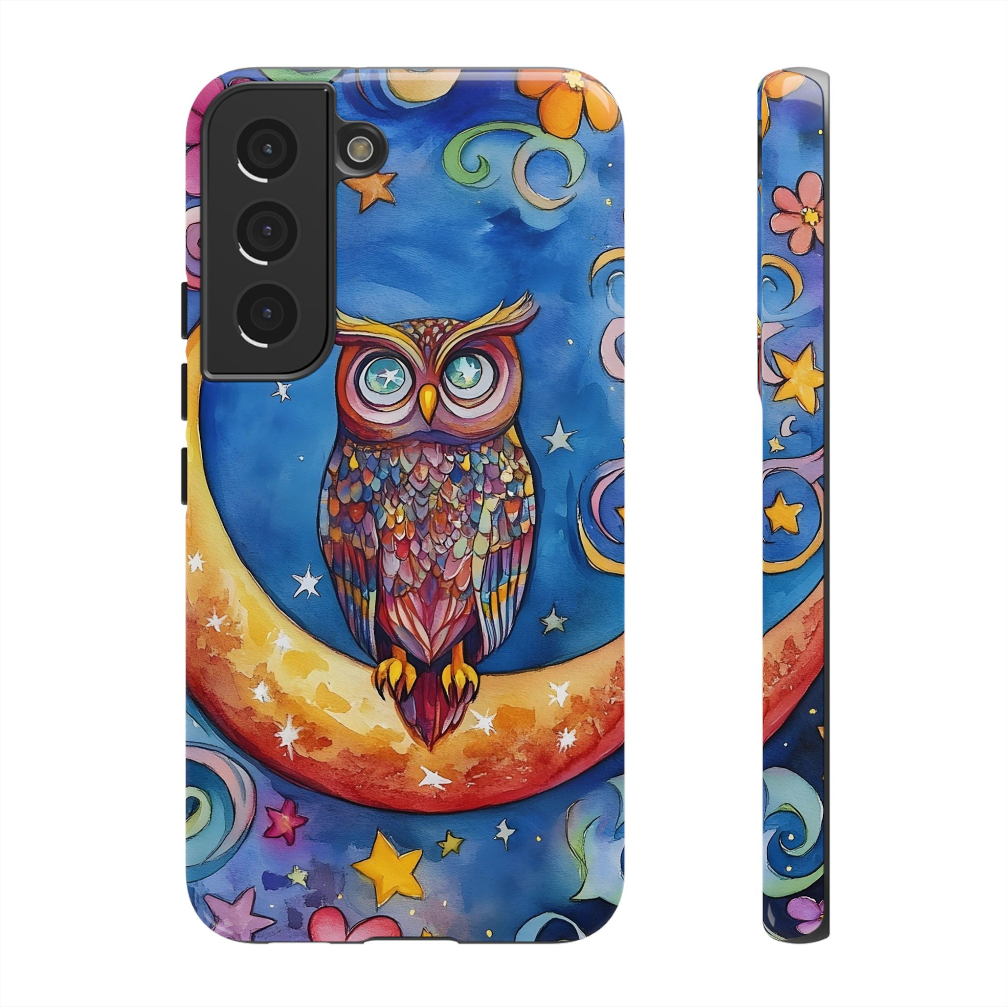 Owl on Crescent Moon Samsung Galaxy Case — Colourful Whimsical Night Sky Design