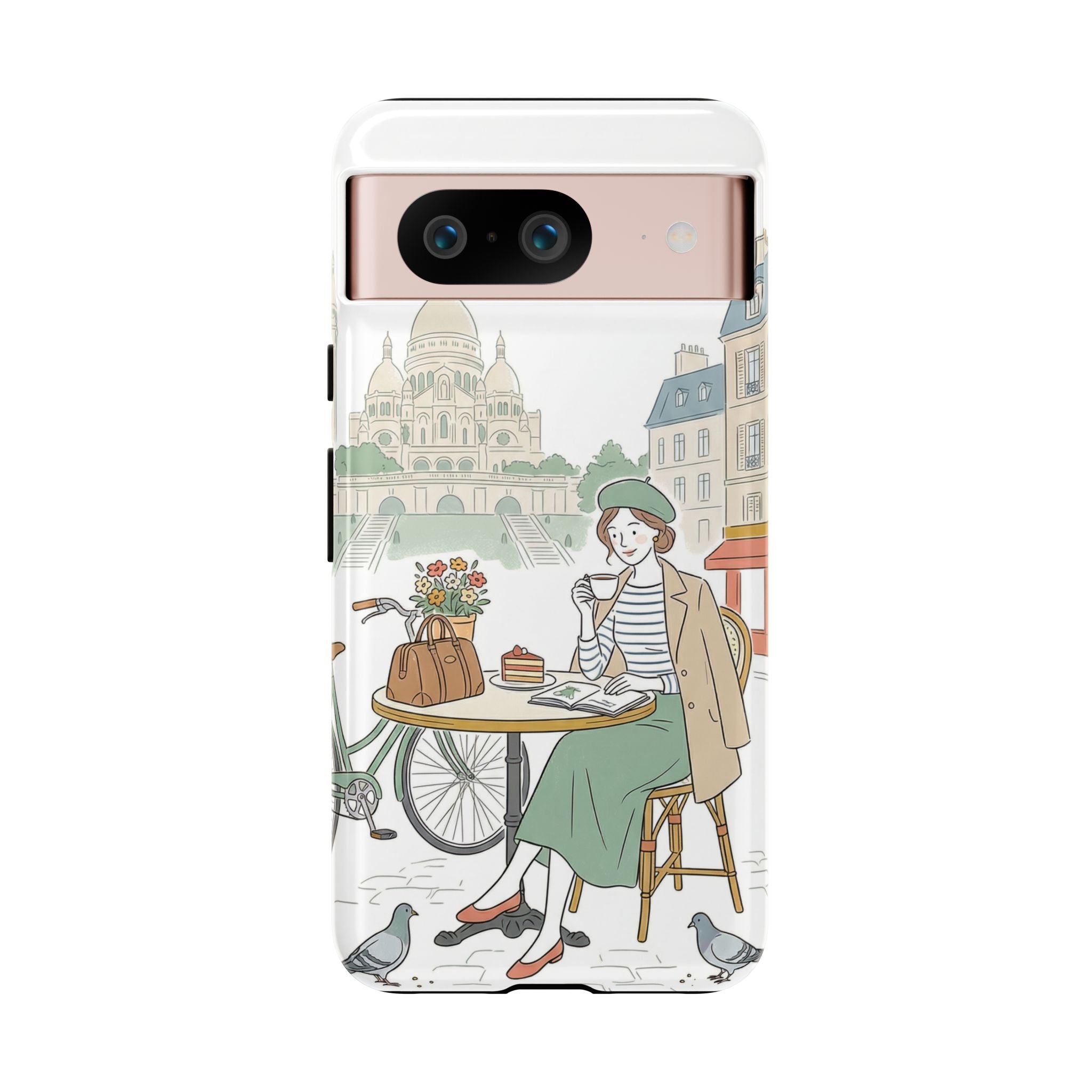 Paris Cafe Illustration Google Pixel Phone Case | Vintage Bicycles & Pigeons Protective Cover