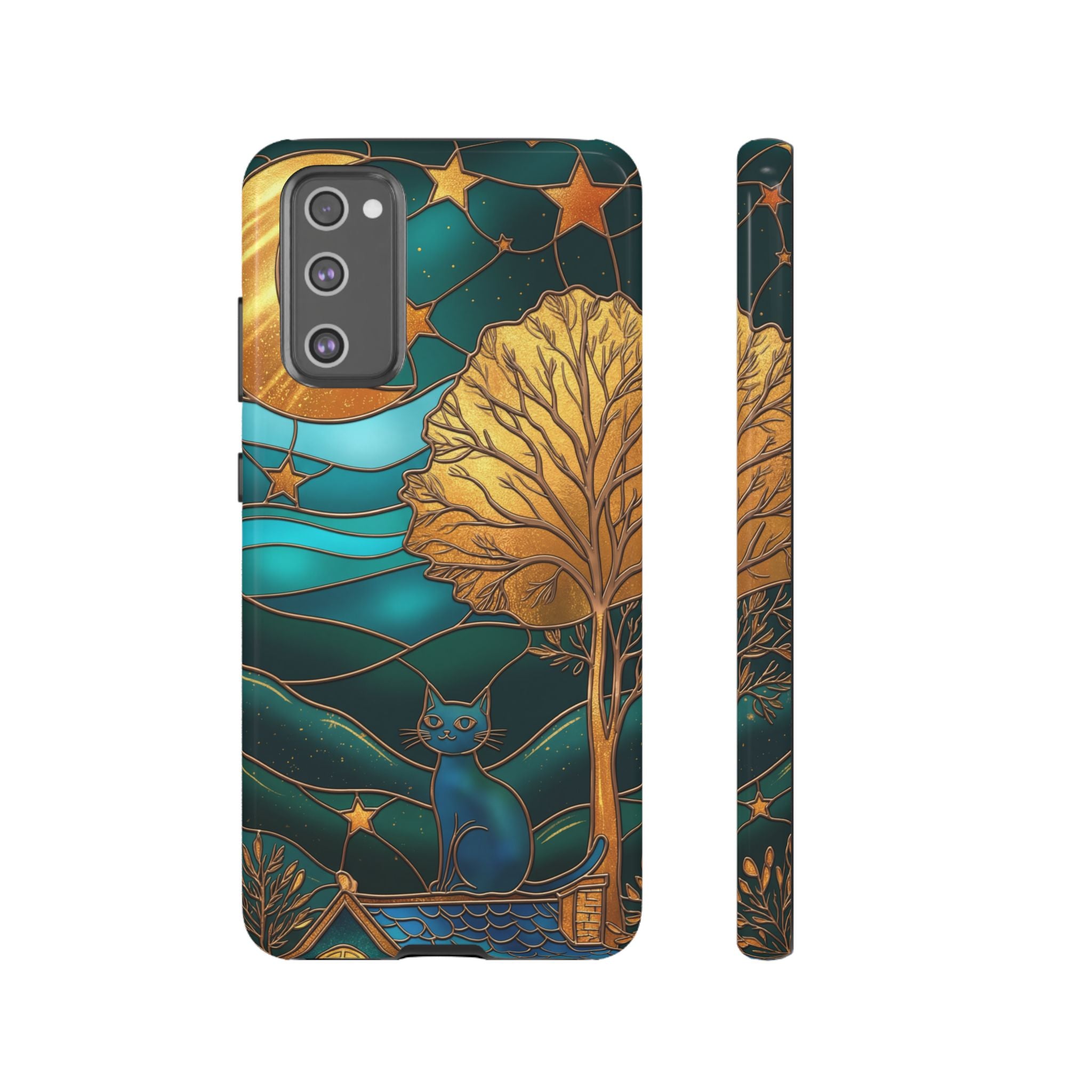 Stained Glass Cat Tough Samsung Galaxy Case | Gold Tree & Starry Night Design