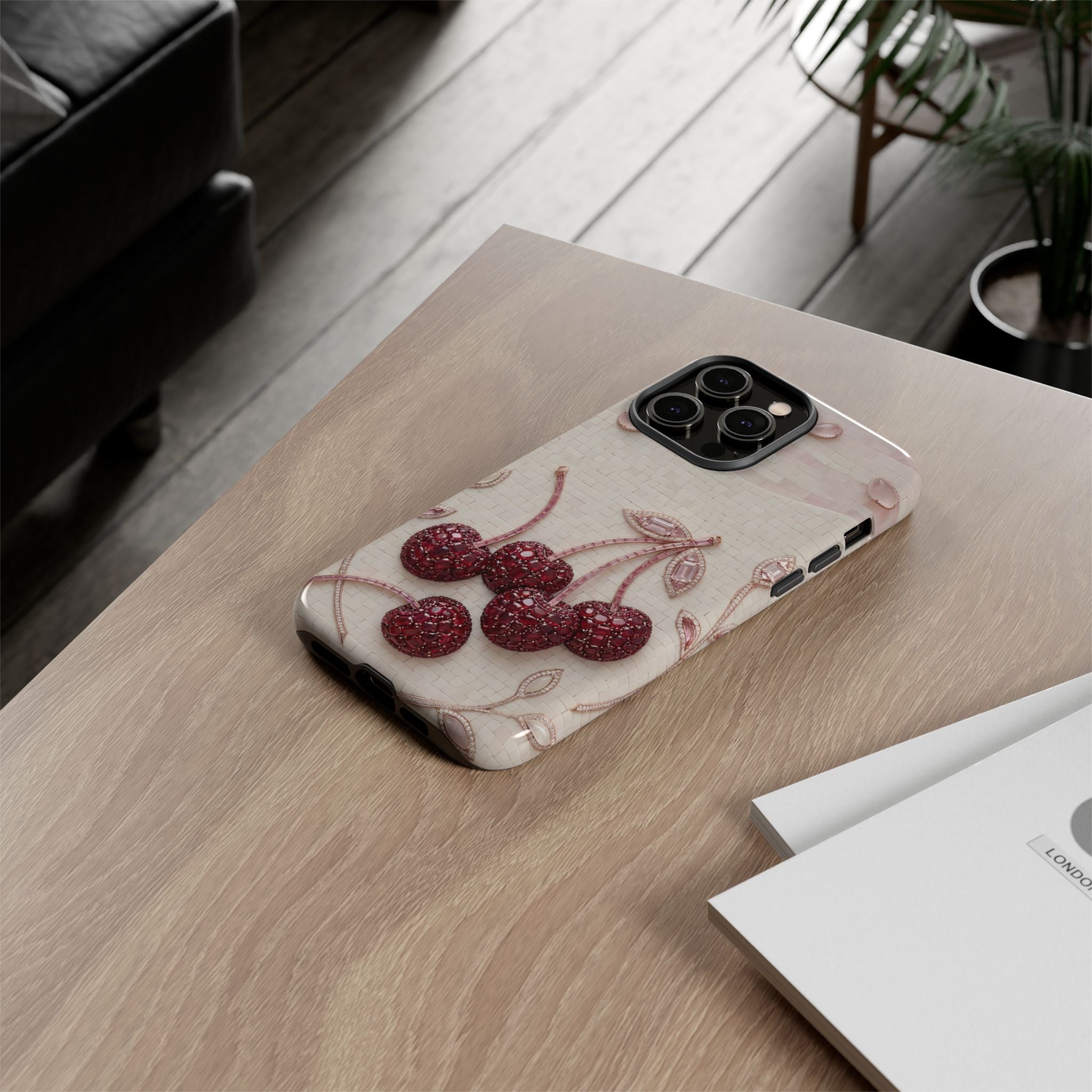 Cherry Embroidery iPhone Case | Glitter Red Cherries Pattern