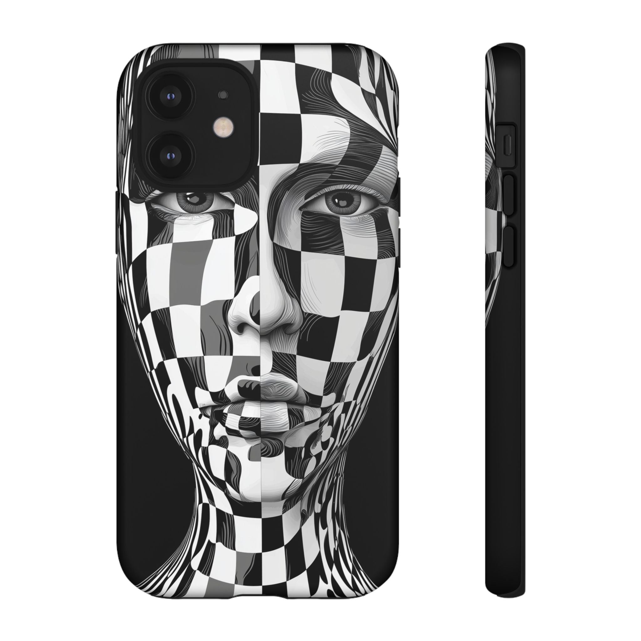 Checkerboard Face Tough iPhone Case — Black & White Surreal Art Protective Cover