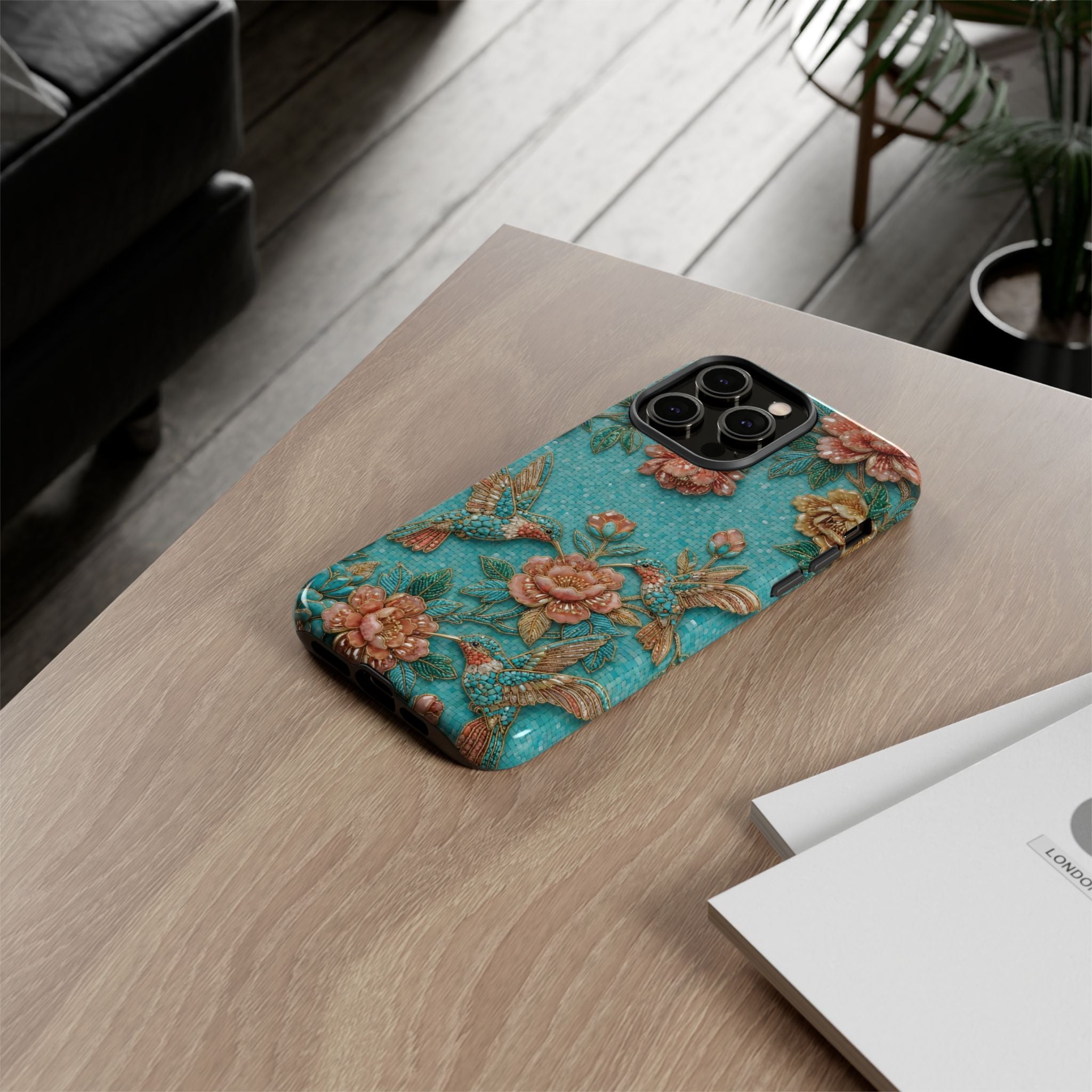 Floral Hummingbird Tough iPhone Case | Turquoise Embroidered Garden Design