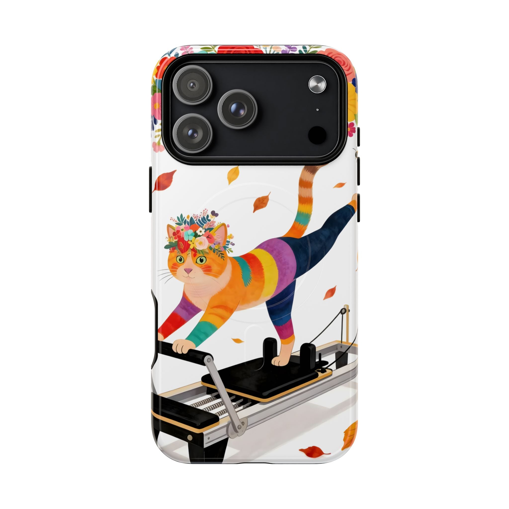 Cat Pilates MagSafe iPhone Case | Floral Rainbow Cat on Reformer