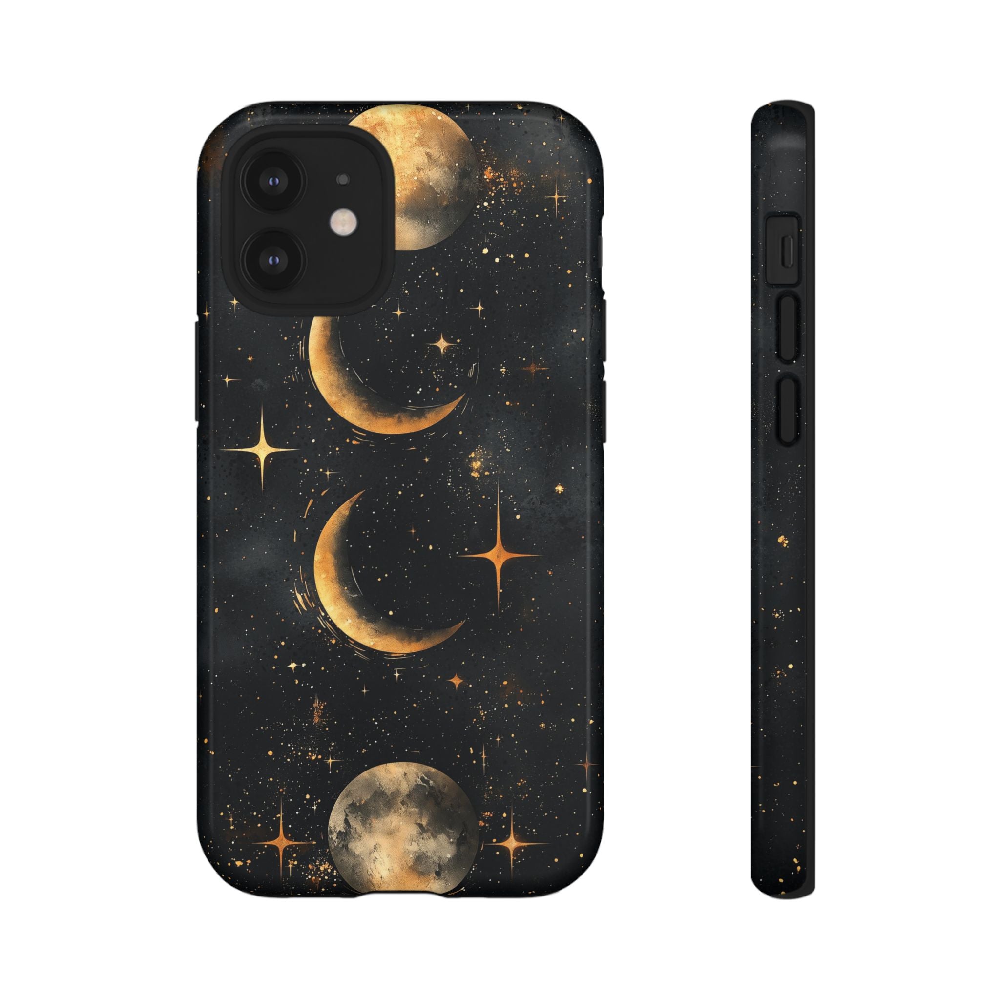 Celestial Moon Phases Tough iPhone Case | Gold Crescent & Full Moon Galaxy Design