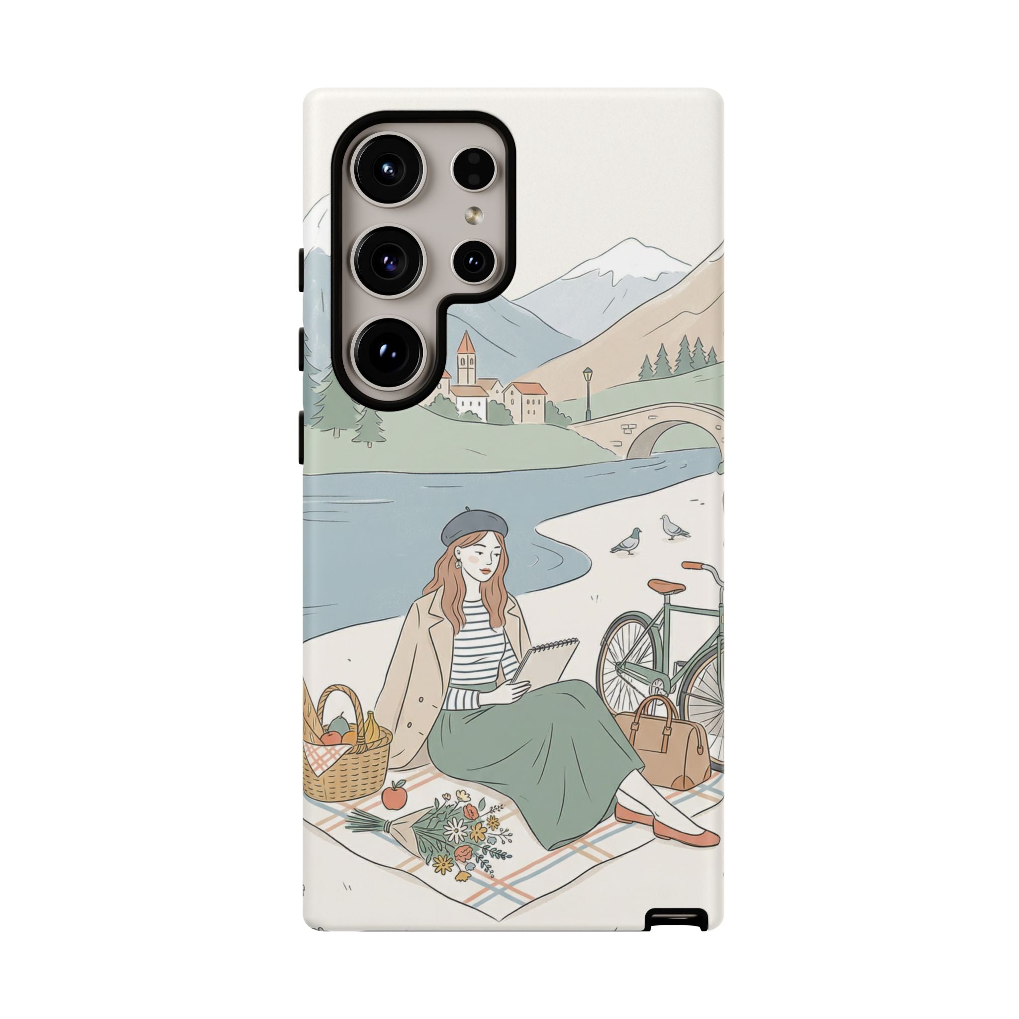 Scenic Picnic Samsung Galaxy Phone Case | Vintage Bicycle & Mountain Illustration