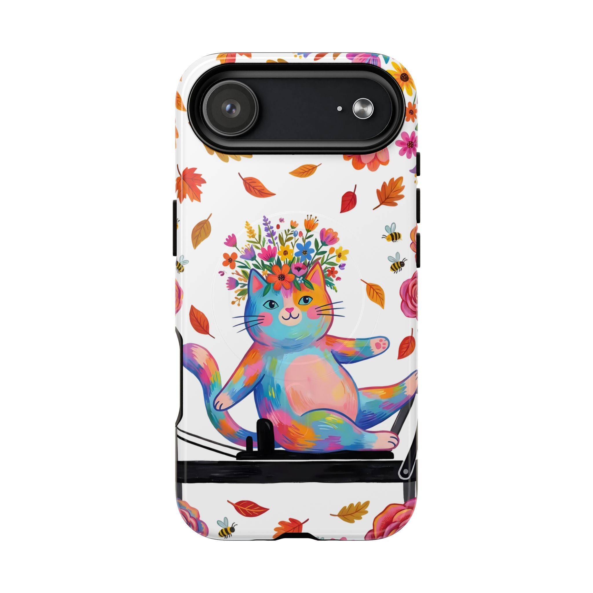Colorful Floral Cat on Pilates Reformer Protective MagSafe iPhone Case