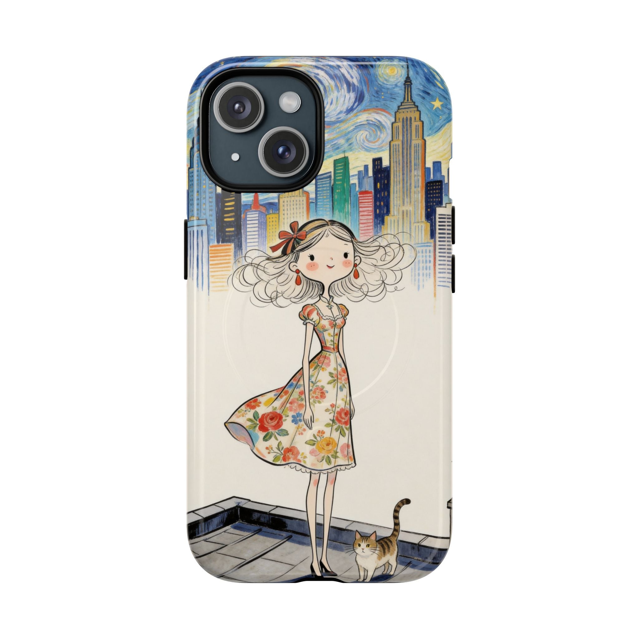 Artistic Girl Cityscape MagSafe iPhone Case | Cute Floral Dress Rooftop Design