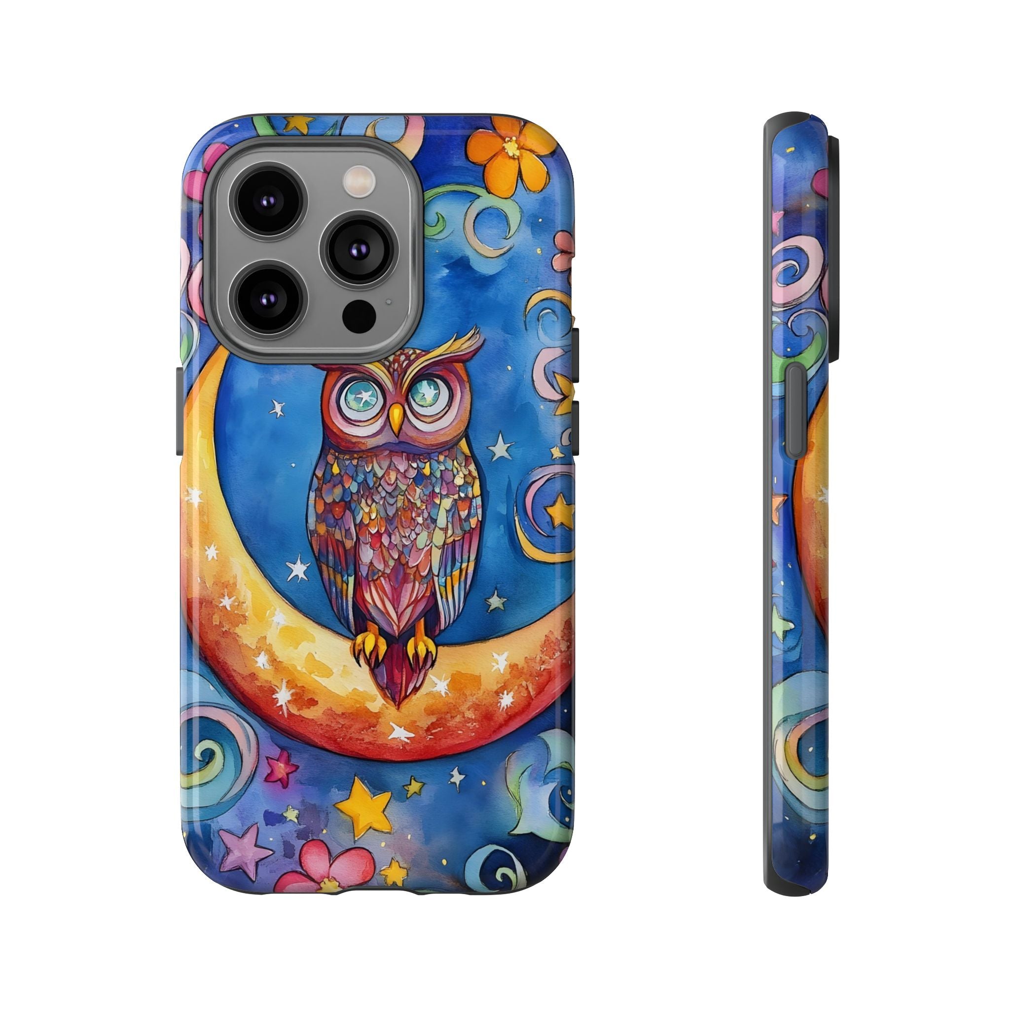 Owl on Crescent Moon iPhone Case — Colourful Whimsical Night Sky Design