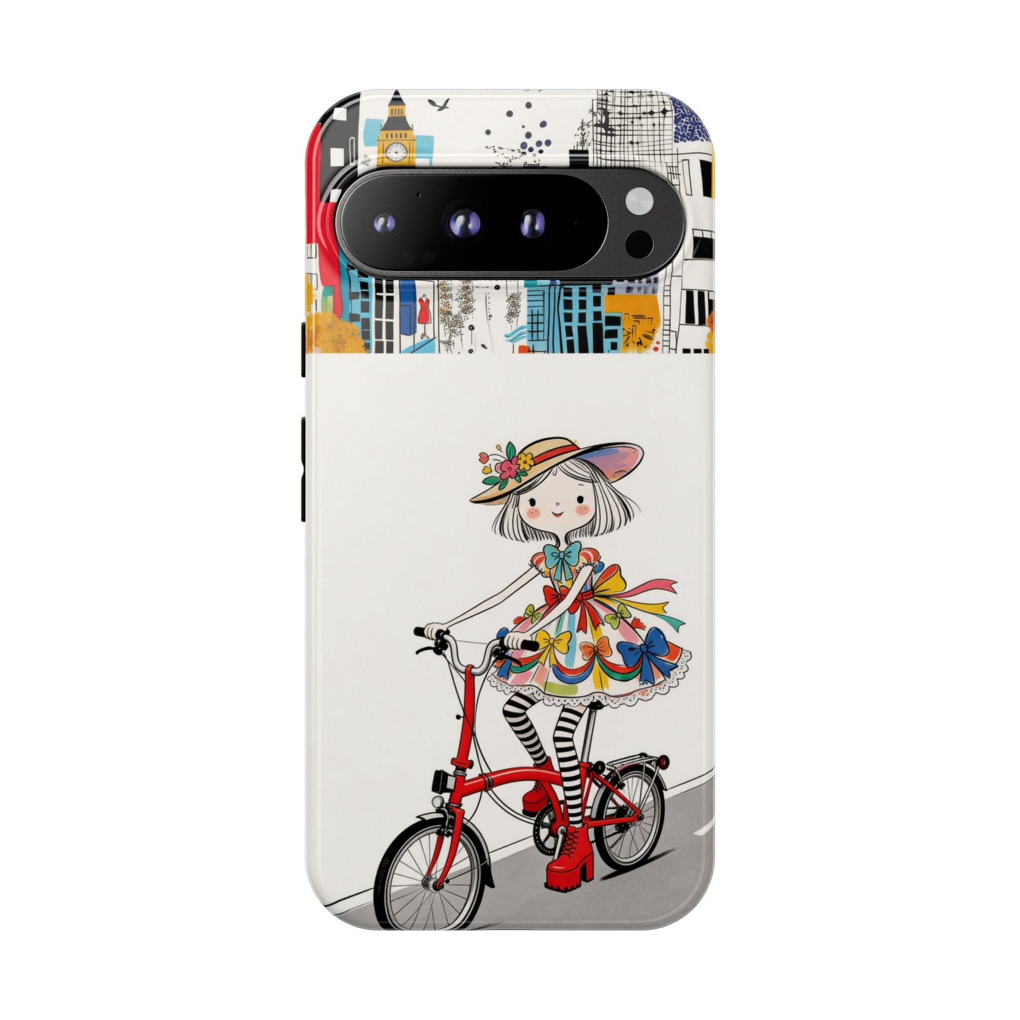 Whimsical Girl on Brompton Bicycle Urban Illustration Google Pixel Phone Case