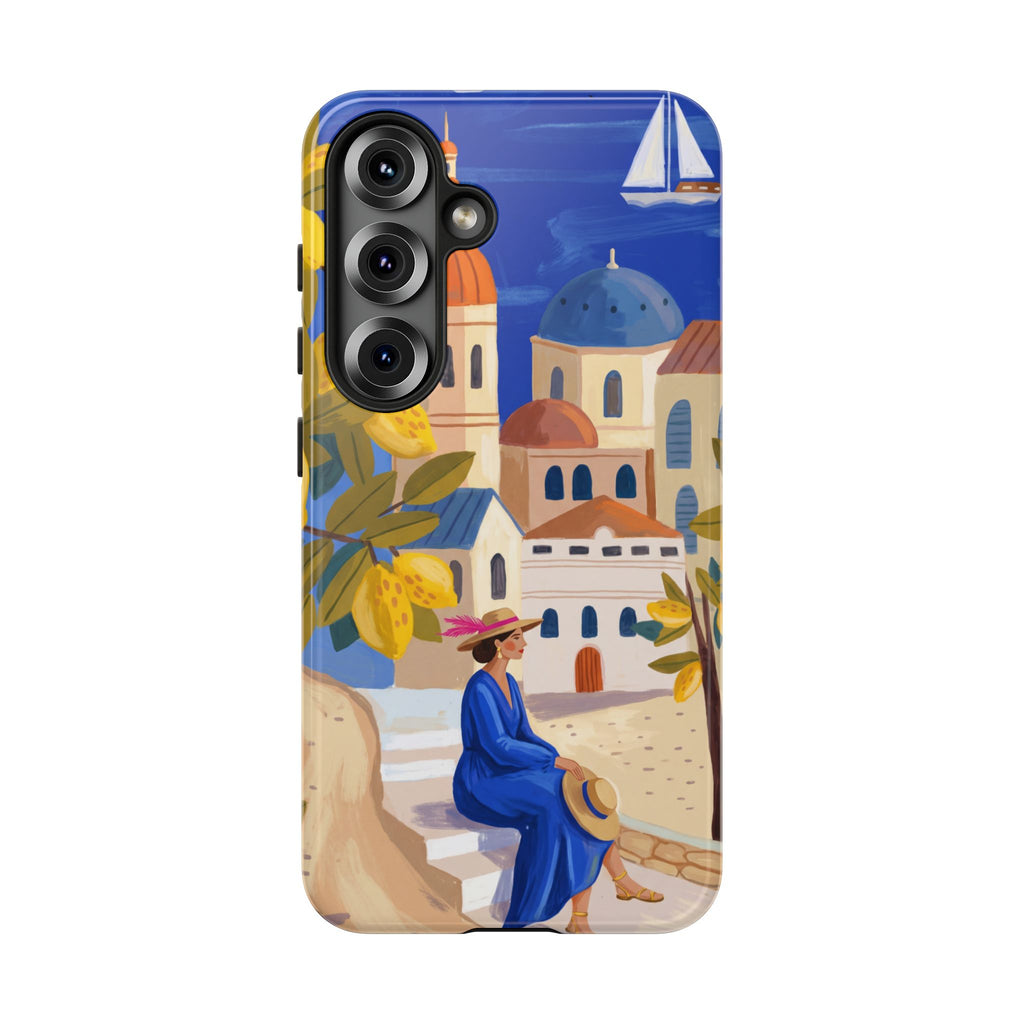 Mediterranean Village Samsung Galaxy Phone Case | Scenic Sailboat & Lemon Grove Design