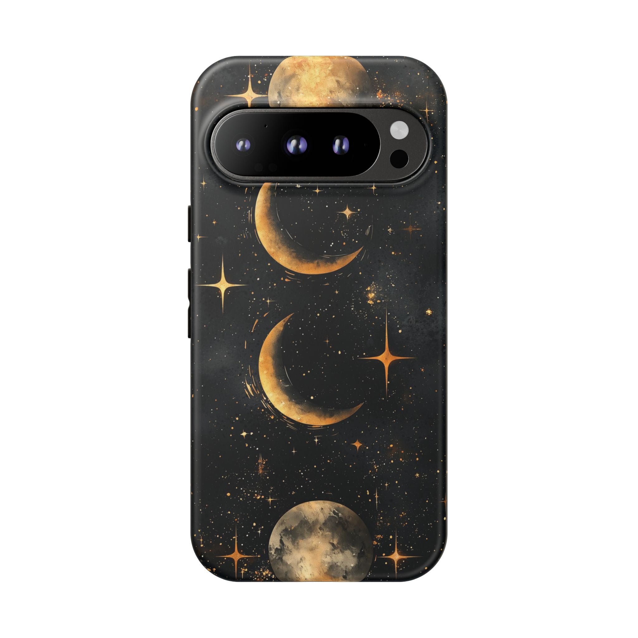 Celestial Moon Phases Tough Google Pixel Case | Gold Crescent & Full Moon Galaxy Design