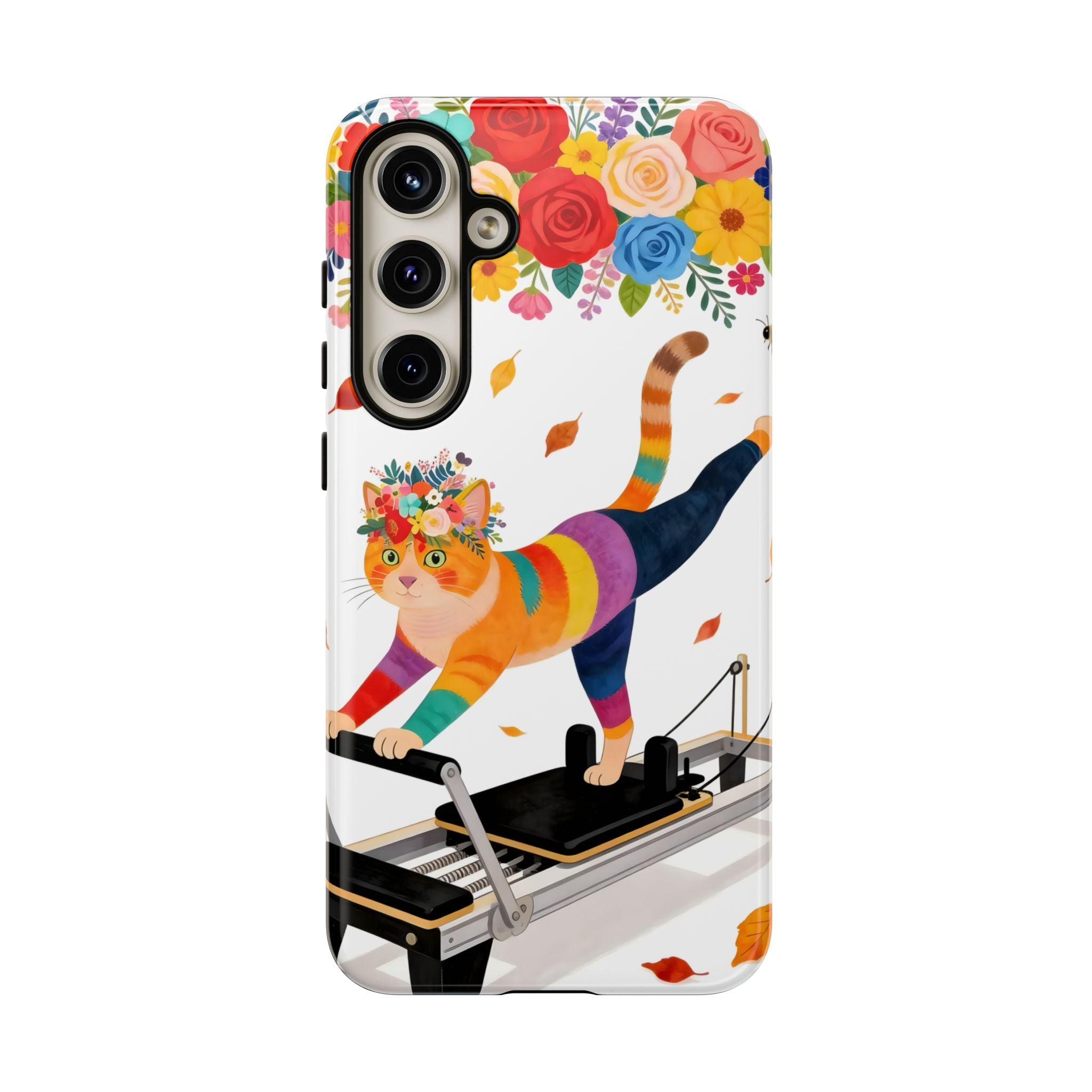 Cat Pilates Samsung Galaxy Phone Case | Floral Rainbow Cat on Reformer