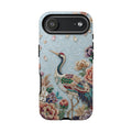 Floral Crane Tough iPhone Case | Vintage Embroidered Bird Protection