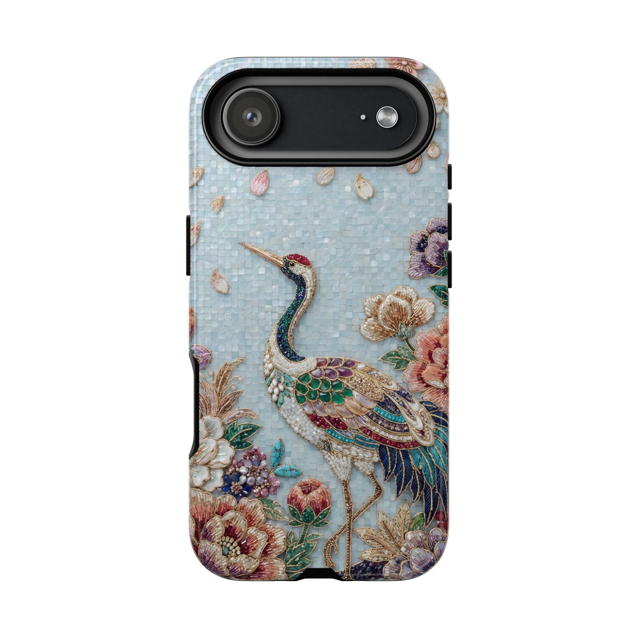 Floral Crane Tough iPhone Case | Vintage Embroidered Bird Protection
