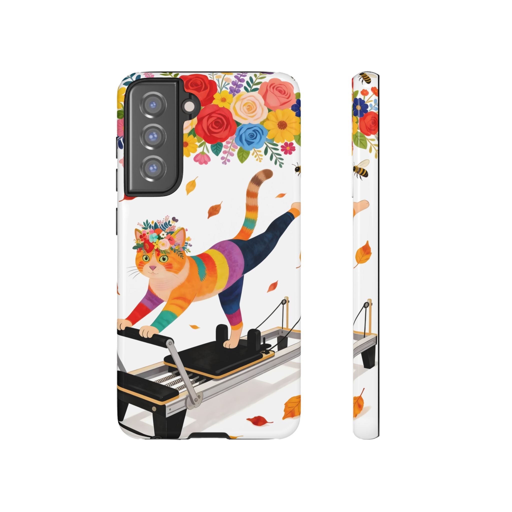 Cat Pilates Samsung Galaxy Phone Case | Floral Rainbow Cat on Reformer
