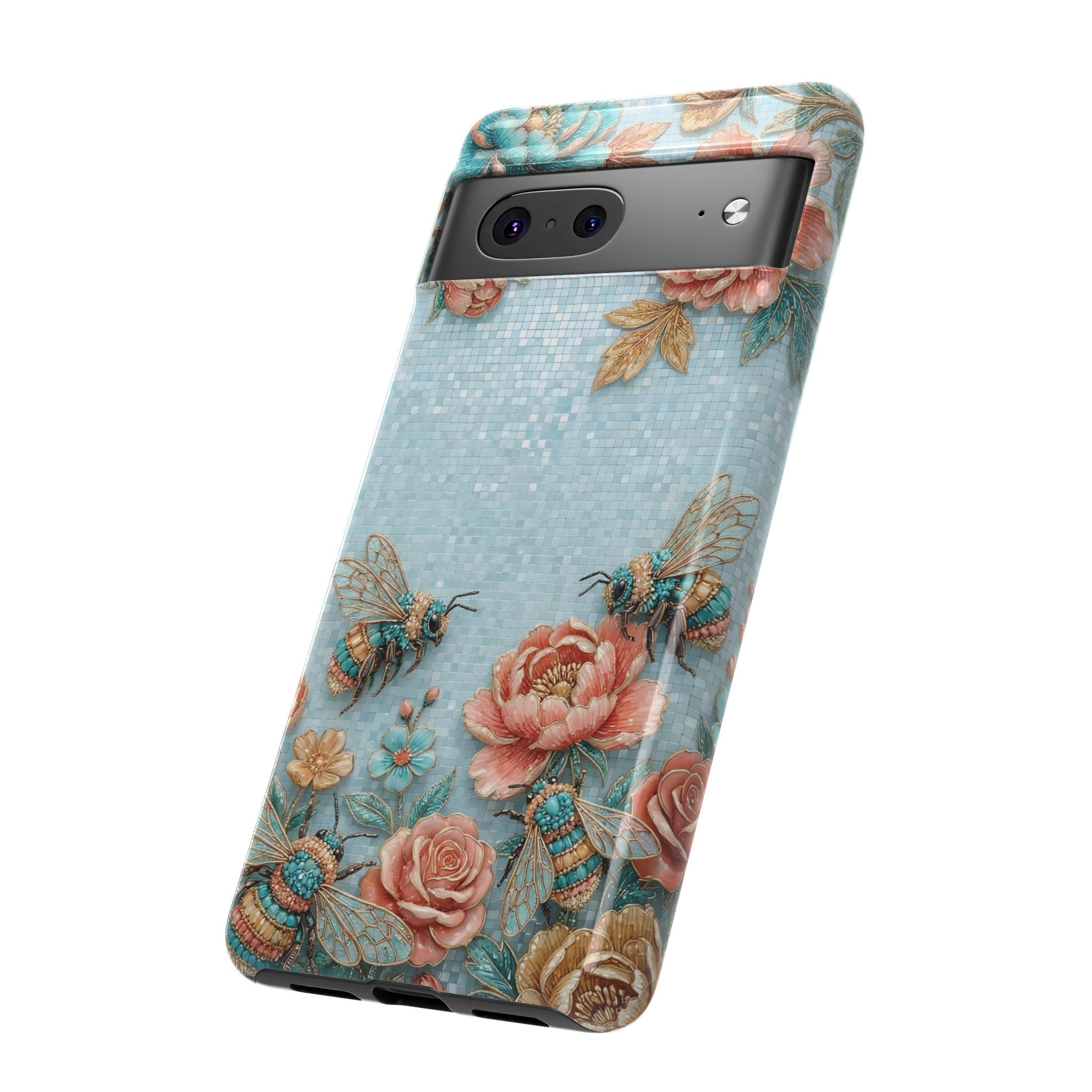 Floral Bees Google Pixel Phone Case | Vintage Rose & Turquoise Protective Cover